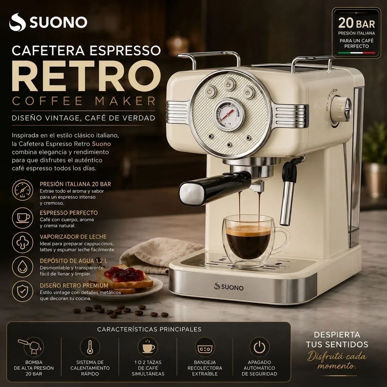 Cafetera Espresso Vintage 20 Bar 1.5L CREMA