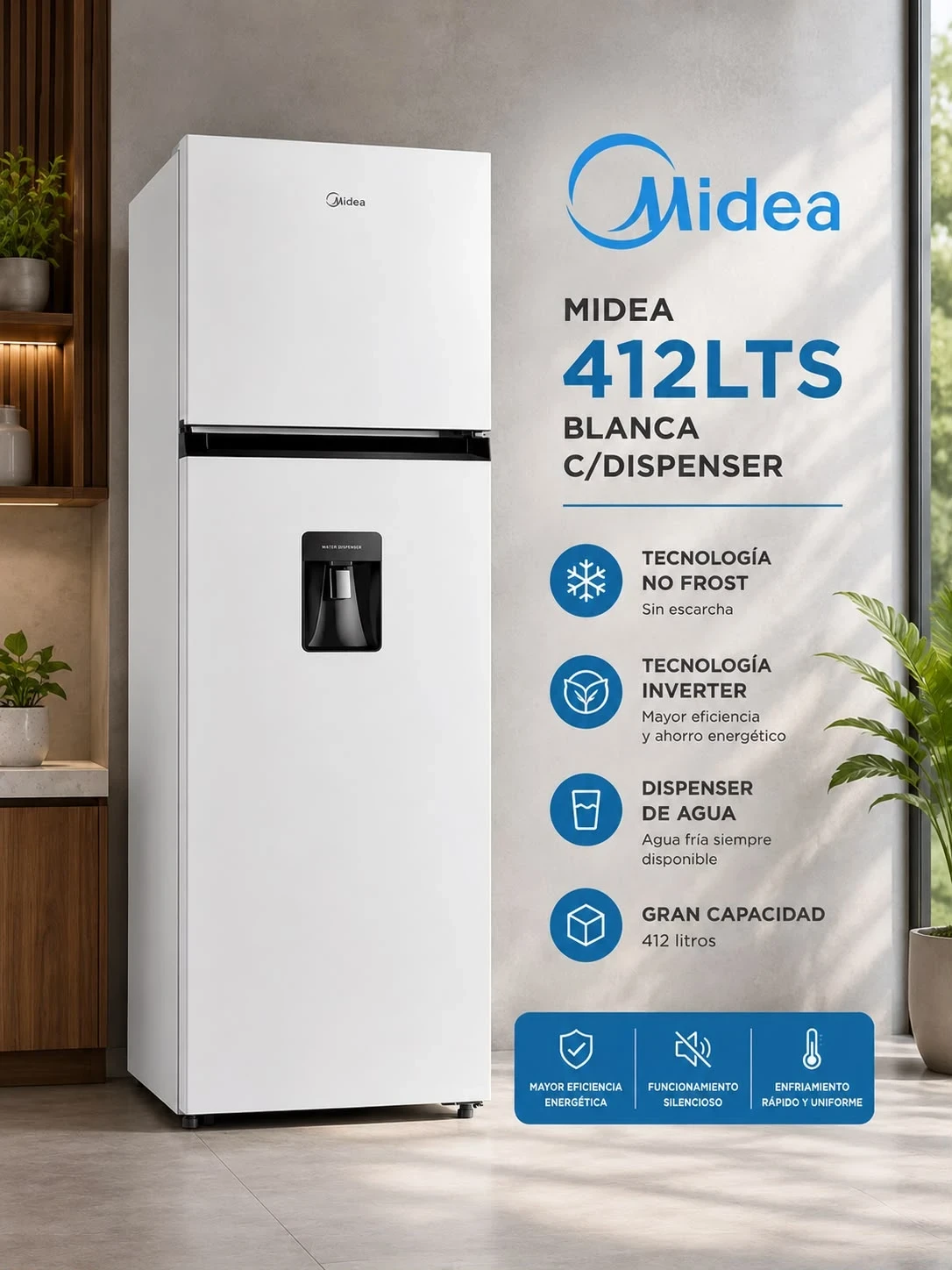 HELADERA NO FROST INVERTER 412LTS MIDEA CON DISPENSER BLANCA ‼️SOLO POR PEDIDOS‼️