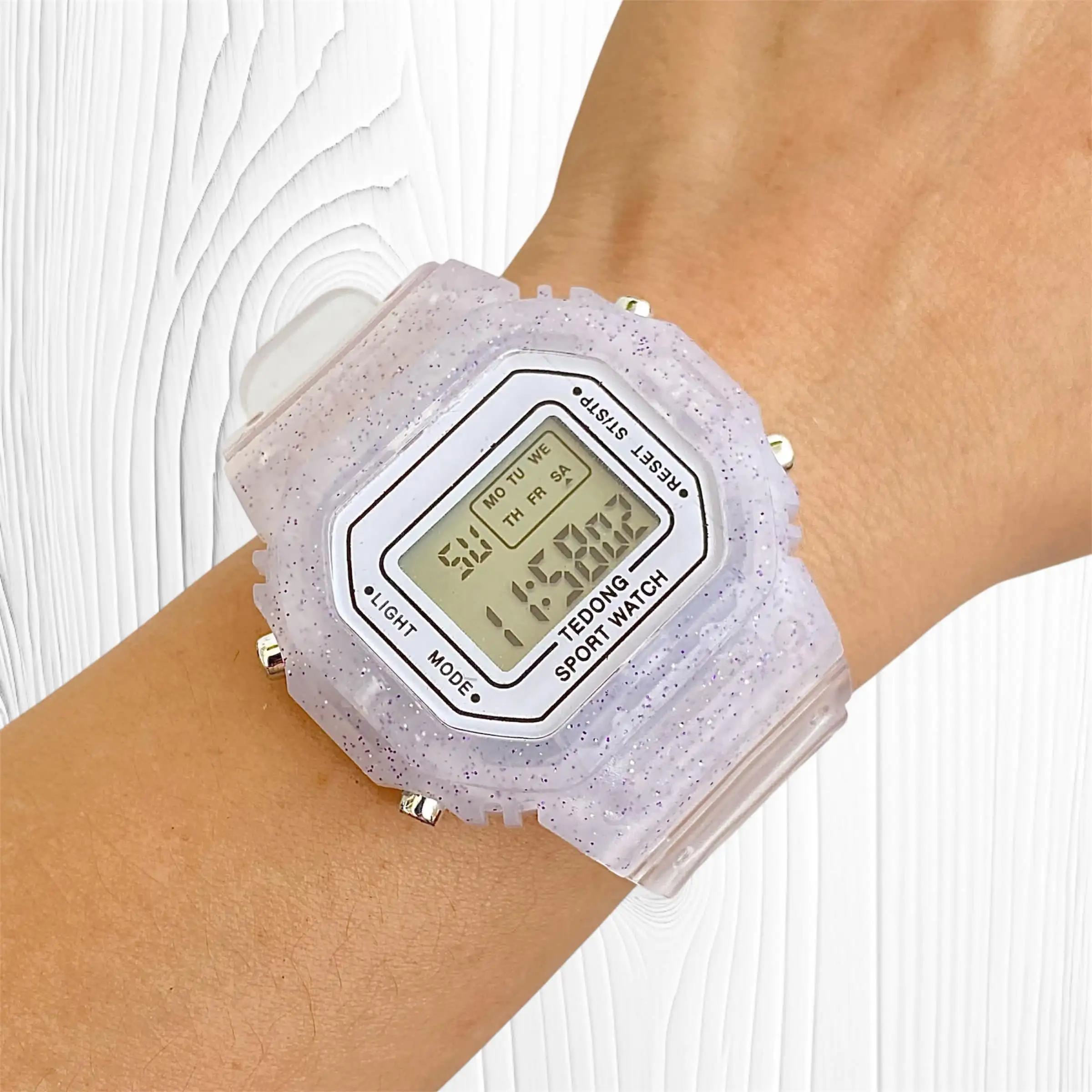 Reloj Deportivo Digital Cuadrado Escarcha Transparente Blanco