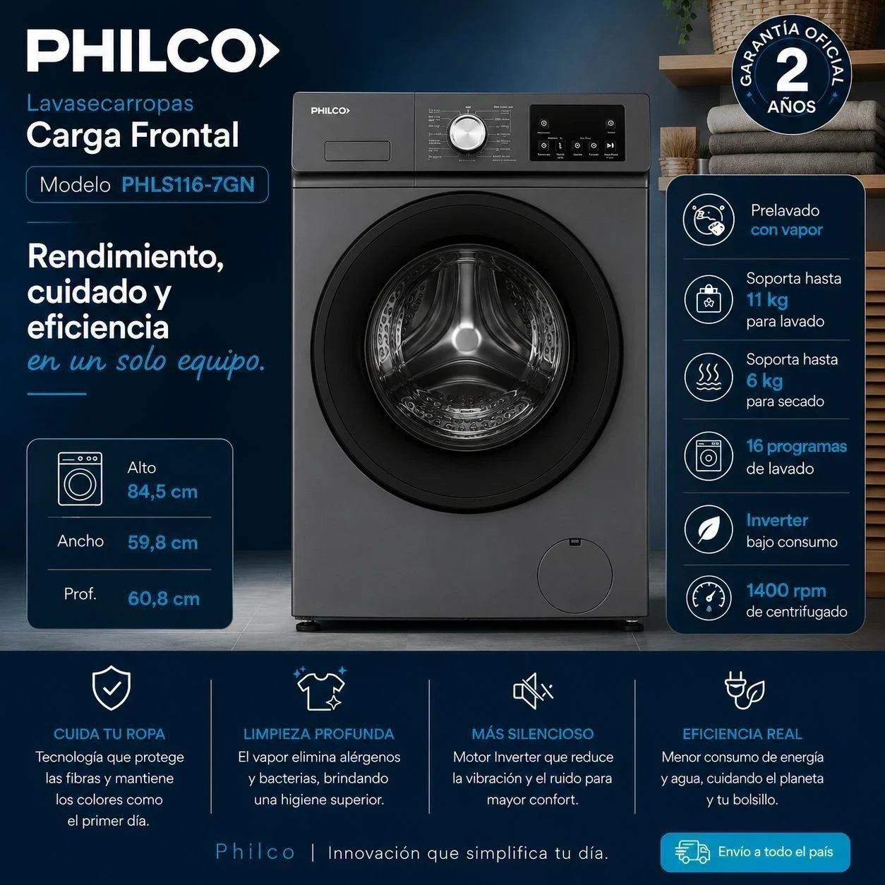LAVASECARROPAS PHILCO 11/6KG 94PHLS116-7GN*
