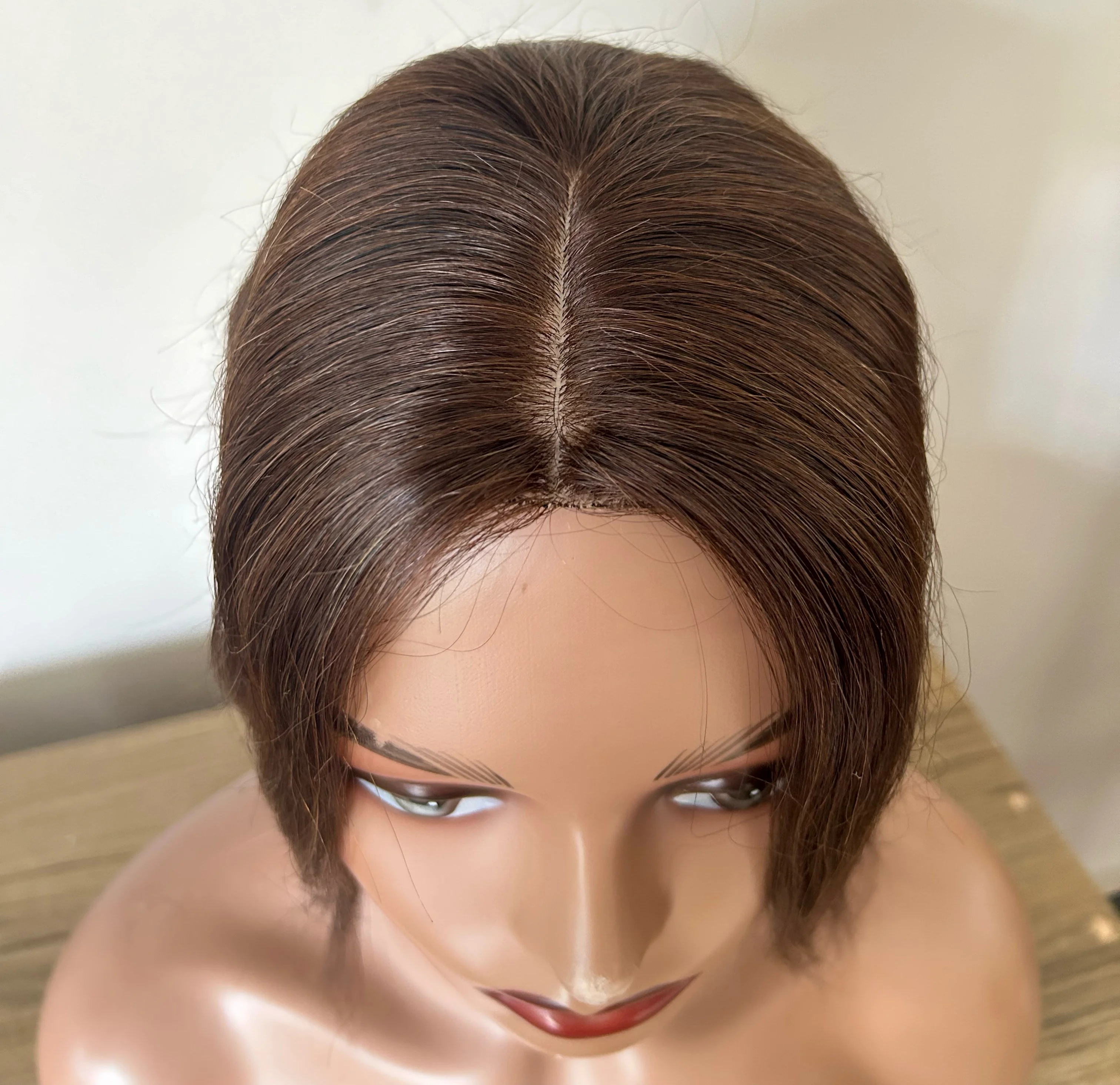 Toppers de cabello humano Remy real, densidad del 130%, 3.9 x 4.7 in, base de seda, sin flequillo, piezas de cabello lacio para cabello fino, 12 pulgadas, color marrón 5