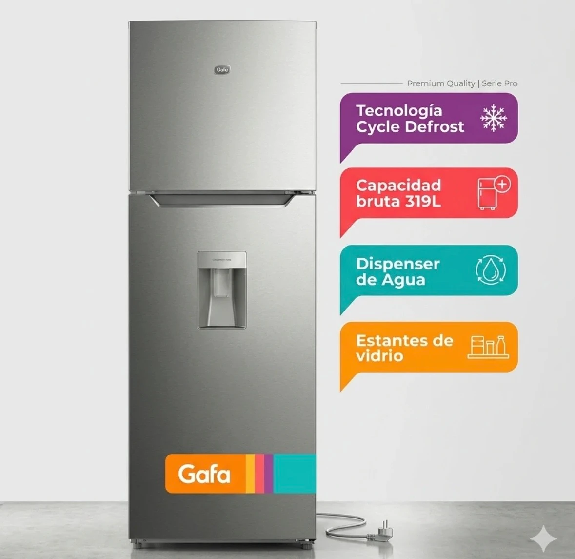 HELADERA GAFA CICLICA TOP FREEZER C/DISPENSER 319L HGW311P