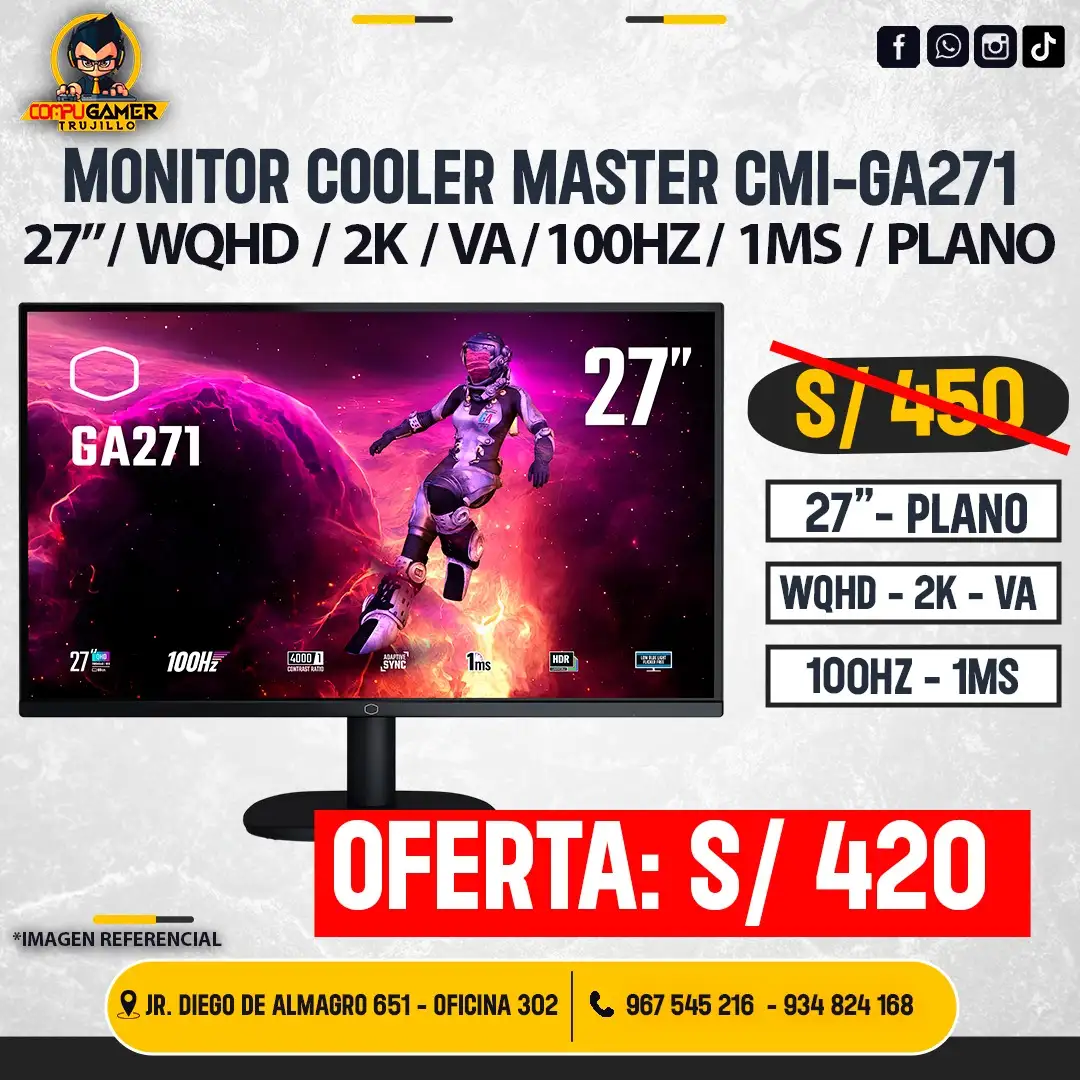 MONITOR COOLER MASTER CMI-GA271 27", WQHD, 2K, VA, 100HZ, 1MS, PLANO