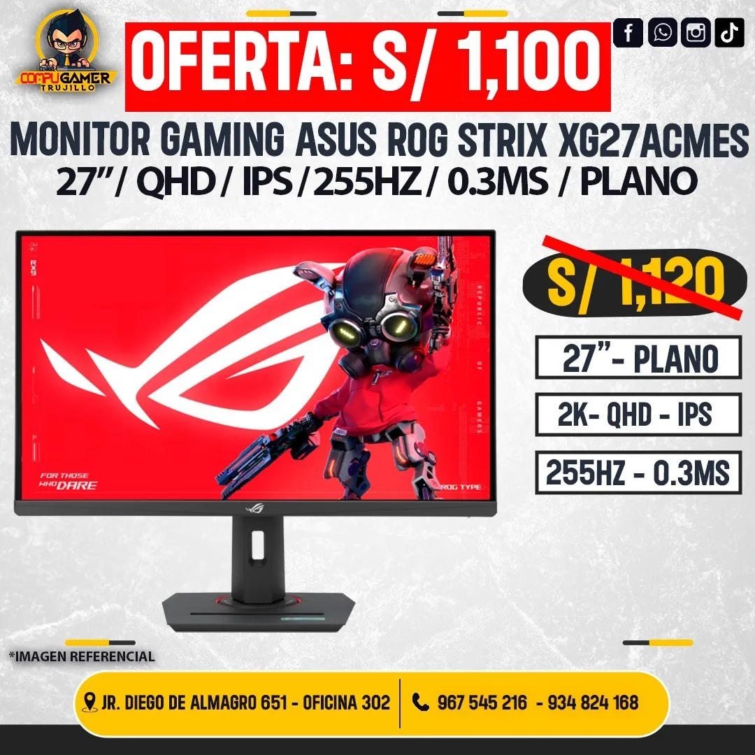 MONITOR GAMING ASUS ROG STRIX XG27ACMES, 27", QHD, 2K, IPS, 255HZ, 0.3MS, PLANO