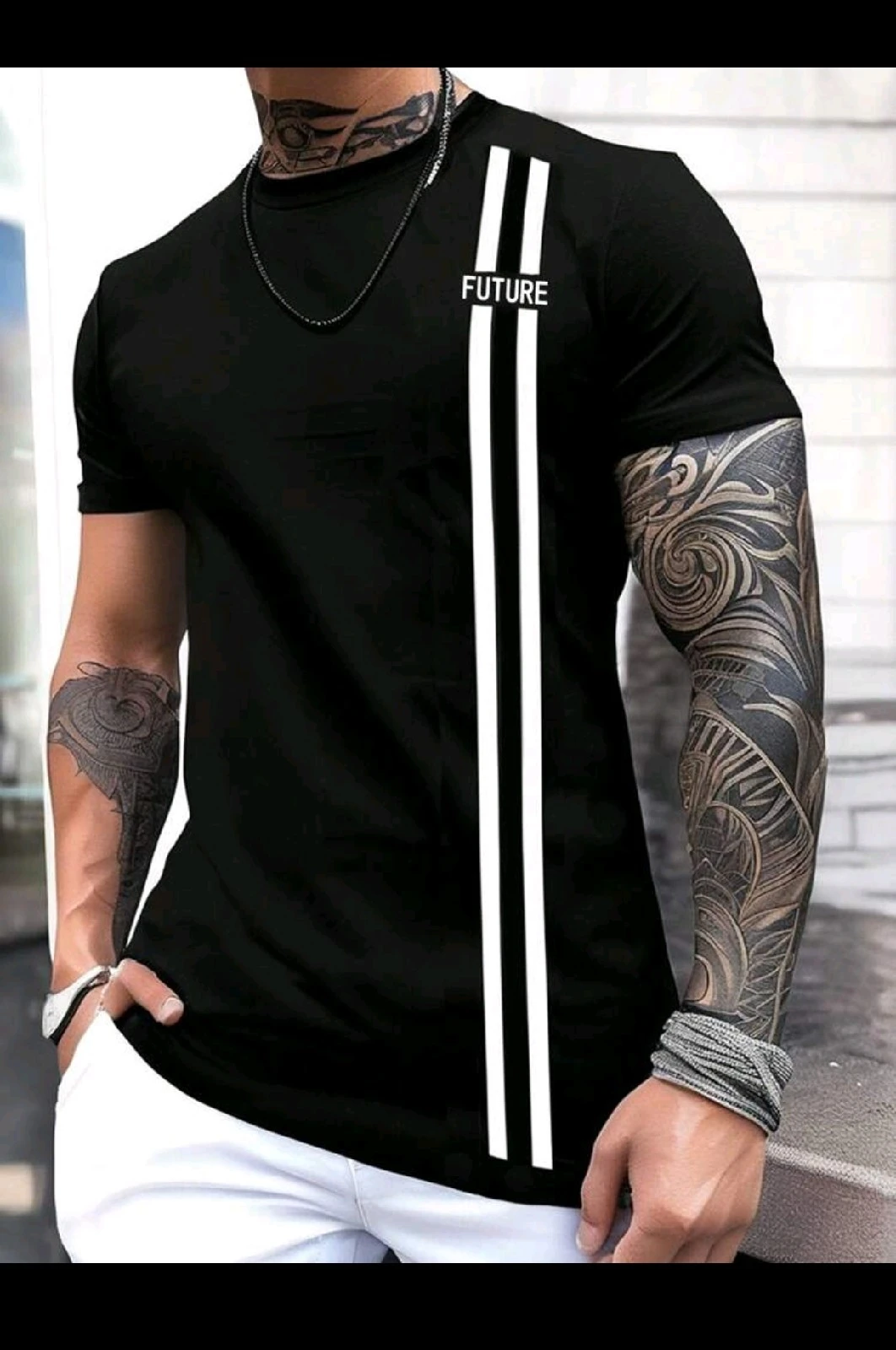 Franela de Hombre Deportiva "FUTURE" - Camiseta Negra con Franjas Verticales Blancas