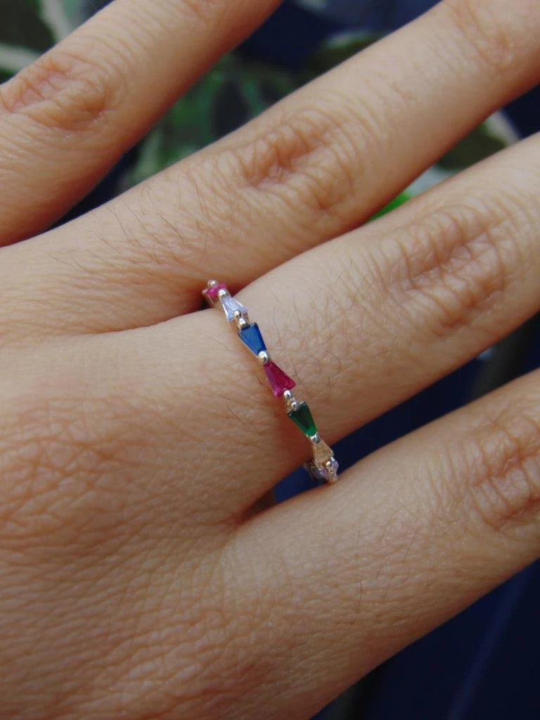 ANILLO PLATA LEY 925 DELGADO CIRCONES BAGUET COLORES TALLA 8
