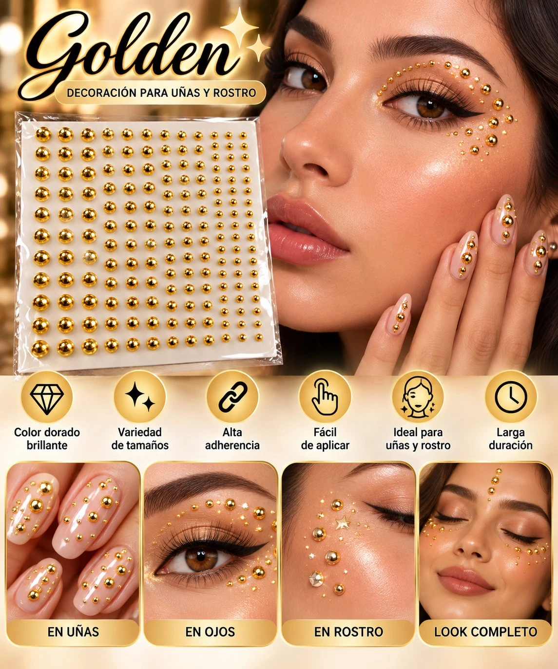 lumera golden glam – perlas doradas para uñas y rostro