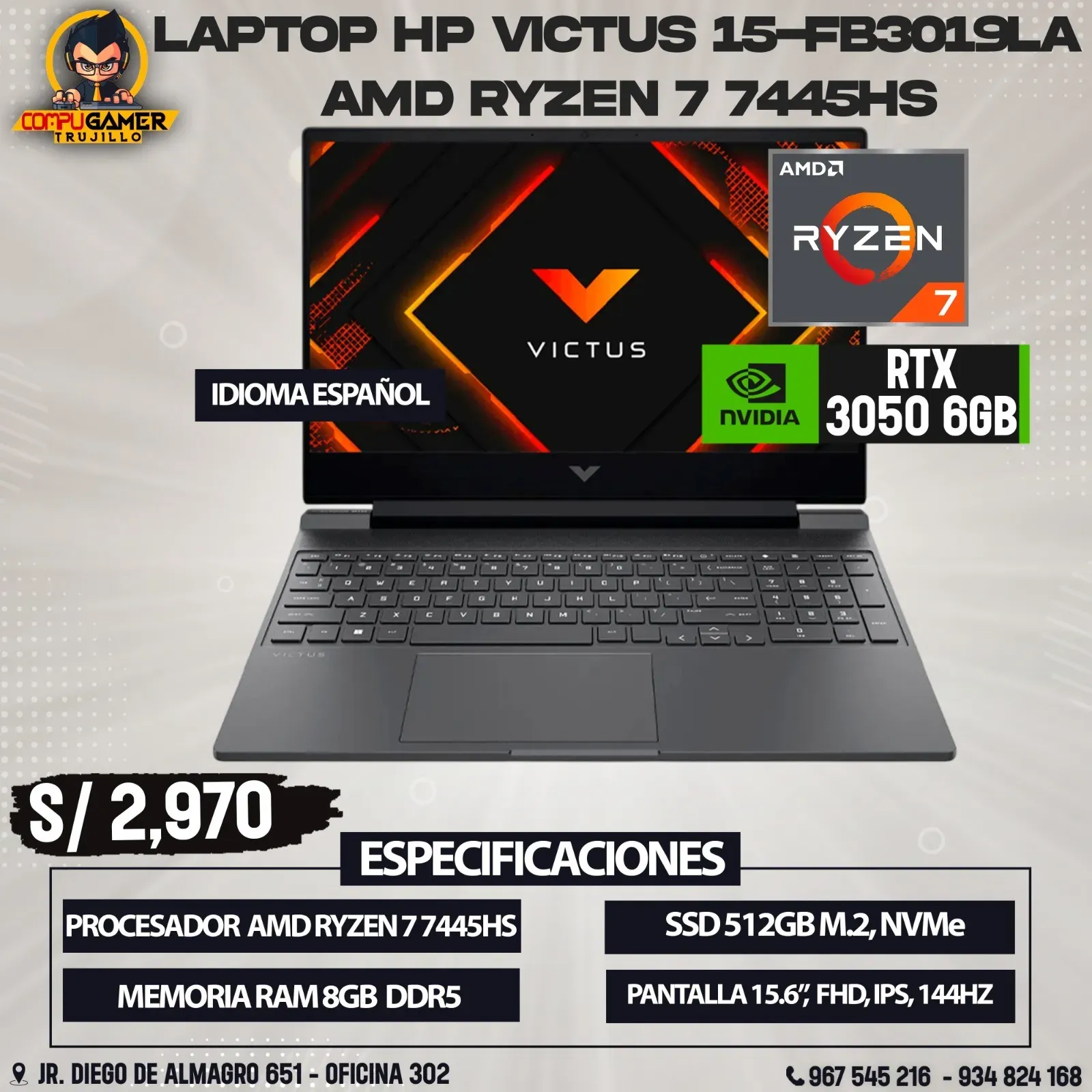 LAPTOP HP VICTUS AMD RYZEN 7 7445HS, RTX 3050 6GB, RAM 8GB, SSD 512GB 