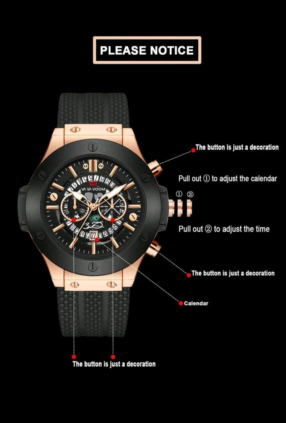Reloj para Hombre Va Va Voom Robust - Rose Gold & Black 3
