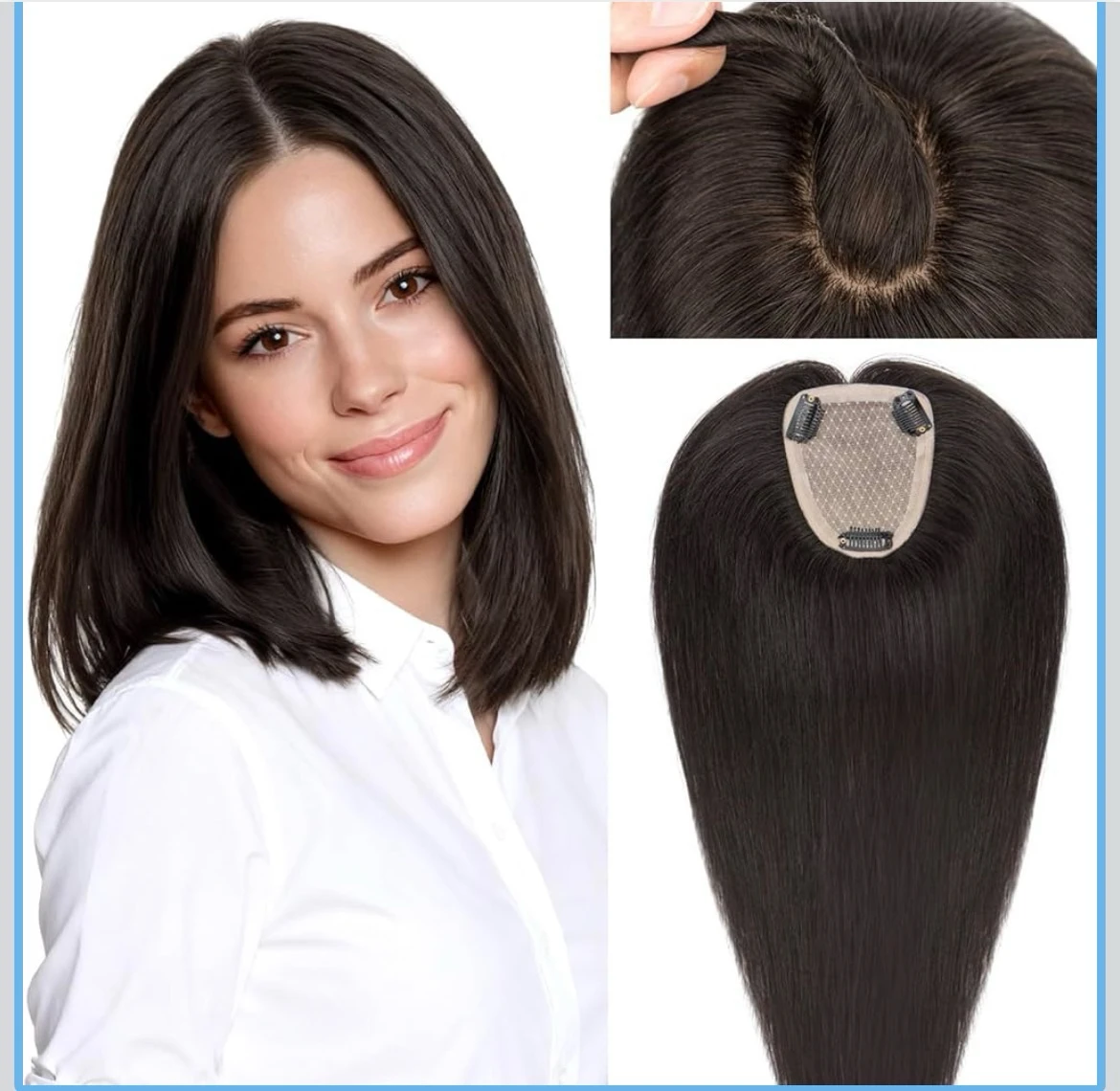 Toppers de cabello humano para mujer, color natural  100 % cabello Remy real, sin flequillo, densidad mejorada, 150 % de densidad, 3.5 x 8.7 in, base de encaje con clip en la parte superior 