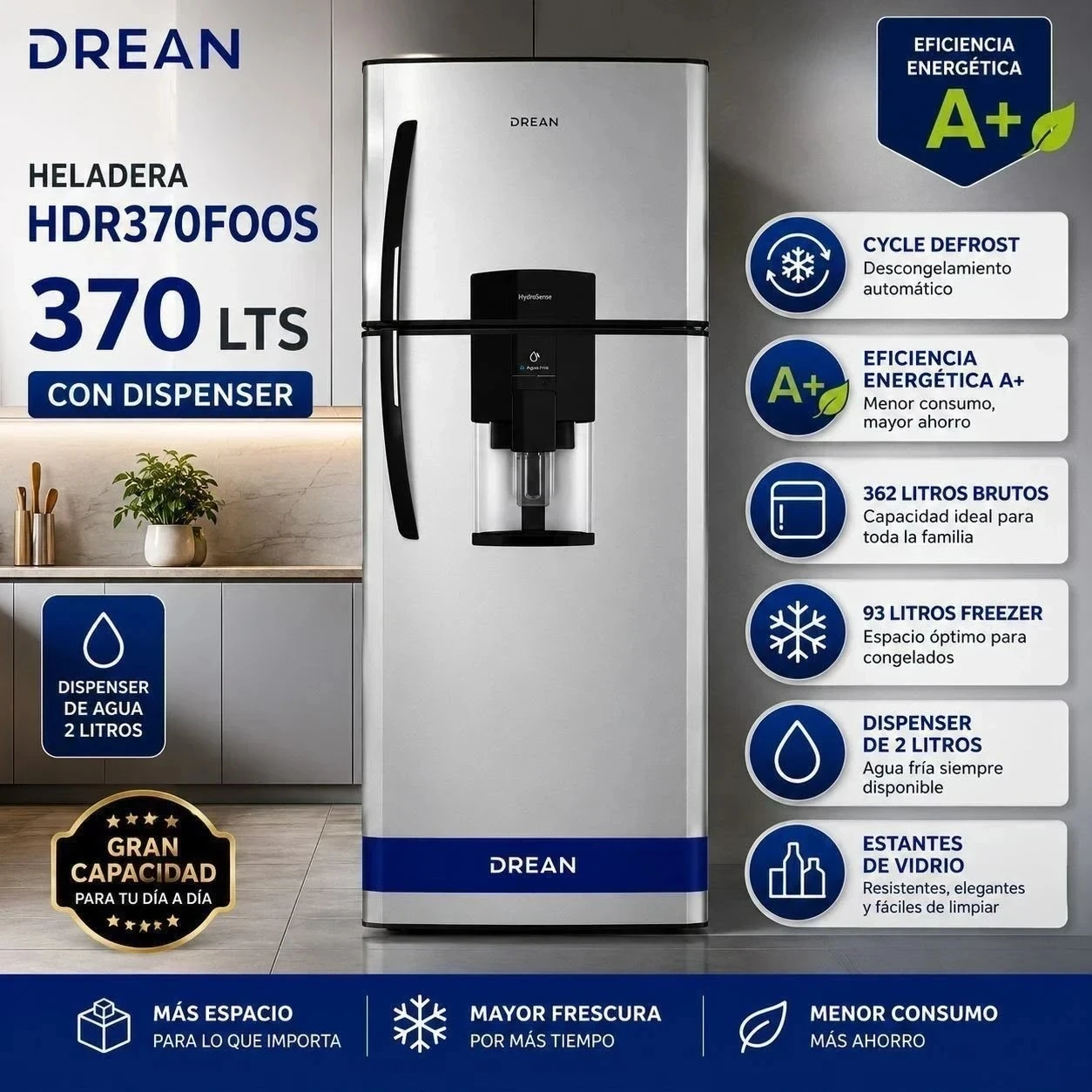 HELADERA DREAN HDR370 C/DISP 362LTS CICLICA GRIS