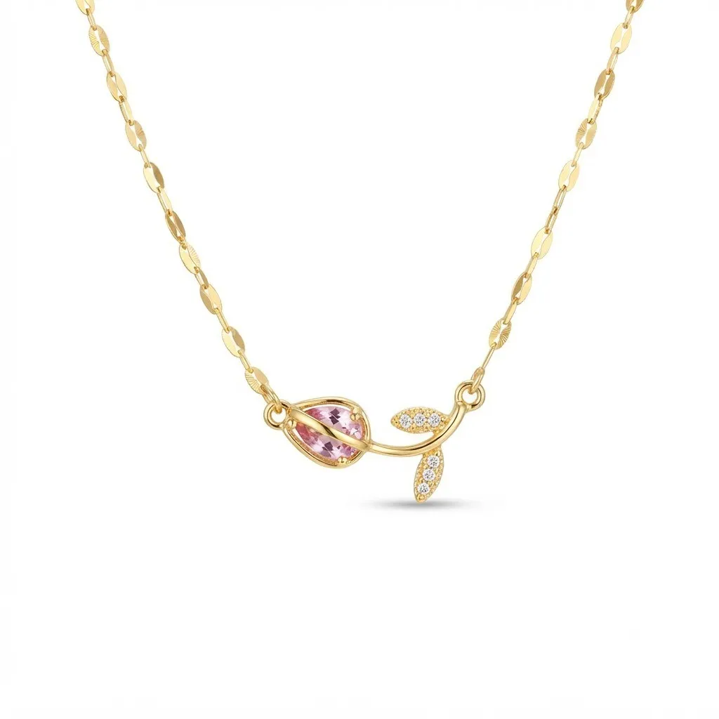 Cadena Y Dije En Acero Con Piedra Circon De Tulipan Rosado