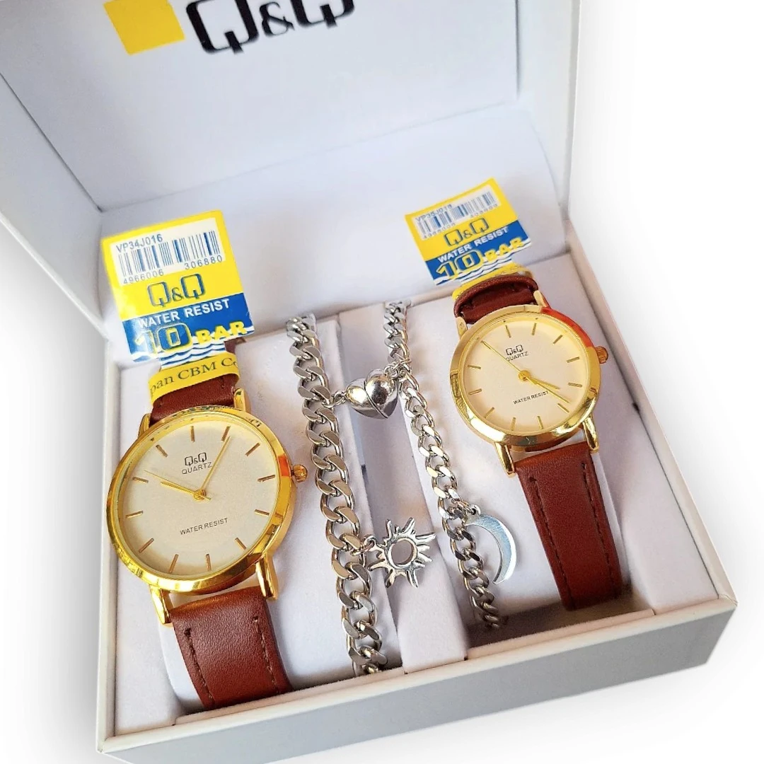 Pareja De Relojes Pulso Cuero Sintético + Esclavas En Acero Inoxidable Doble Dije Imantado + Estuche De Lujo 👫💕 2
