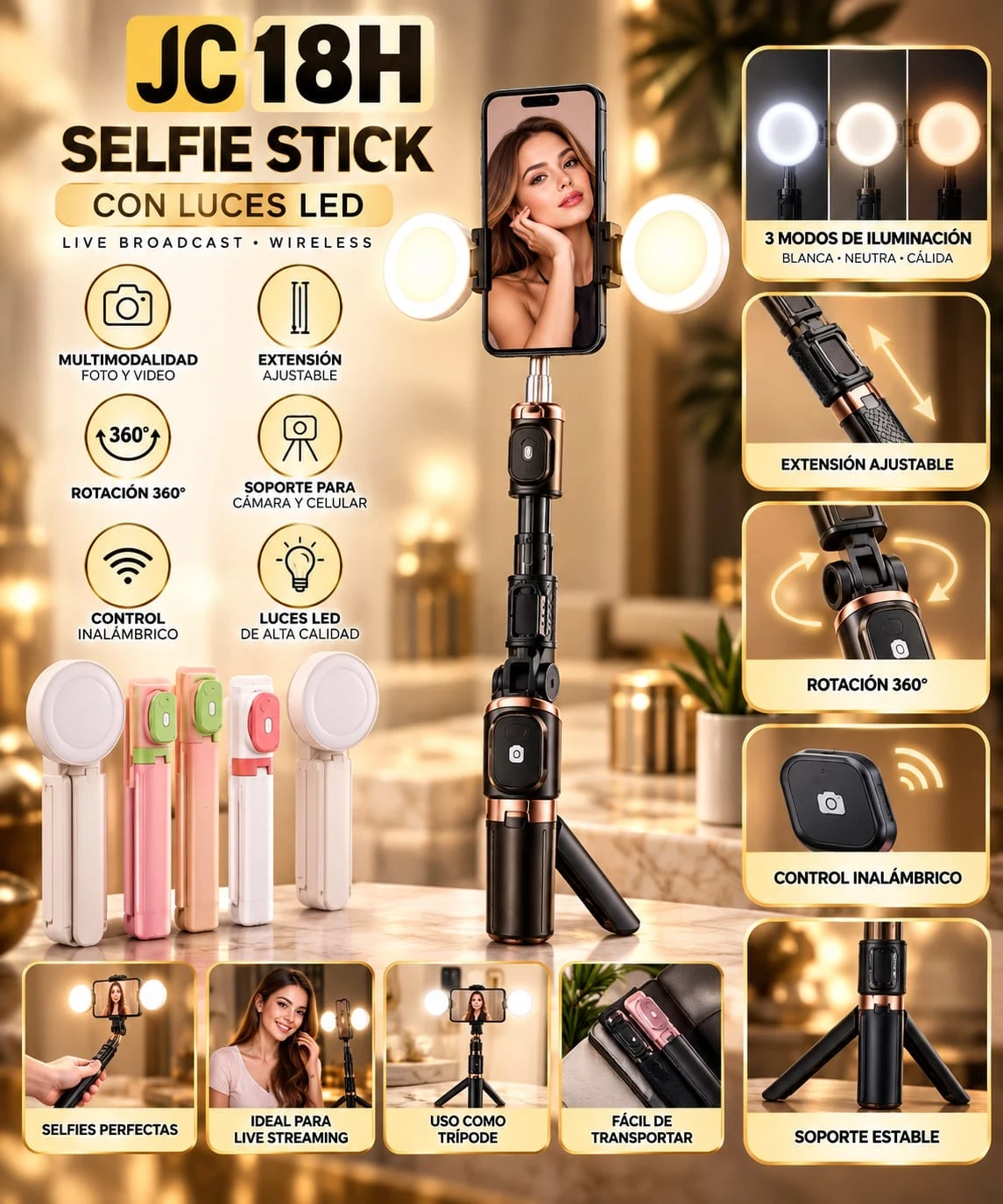 JC18H SELFIE STICK CON LUCES LED