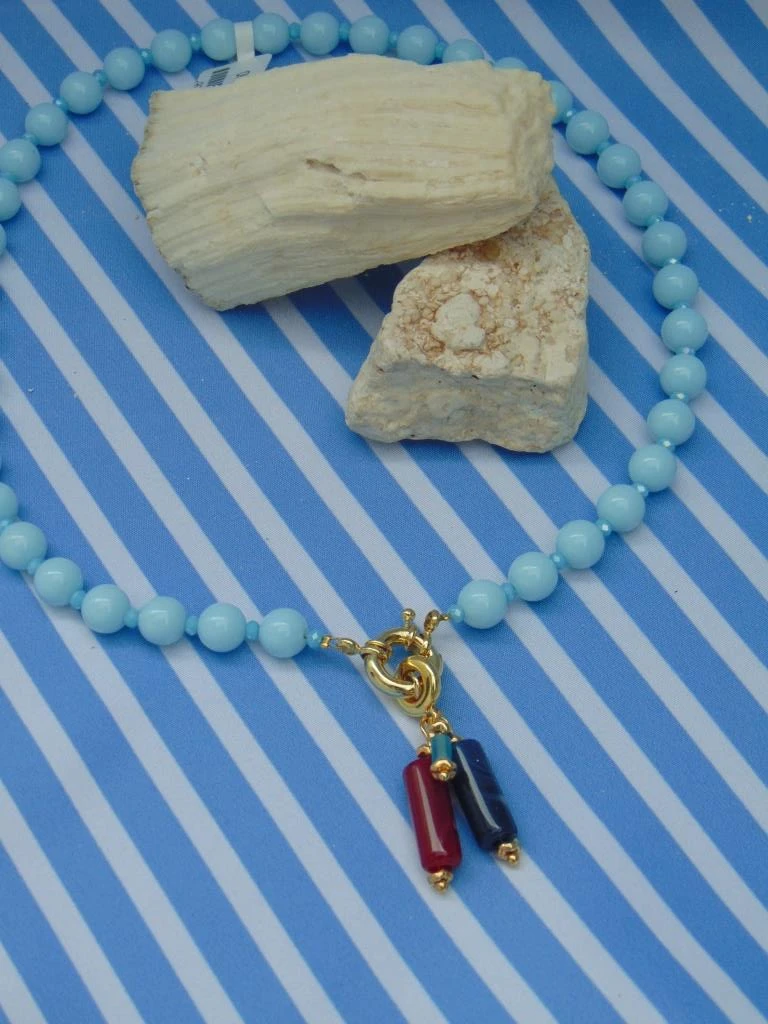 CHOKER ACERO DOR CRISTAL AZUL CLARO REDOND DIJES AGATAS BROCHE MARINERO
