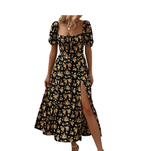 Vestido línea A floral con nudo de muslo con abertura