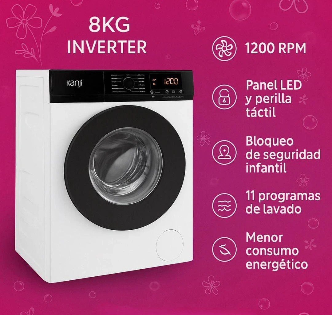 Lavarropas Frontal Kanji 8kg Inverter Blanco
