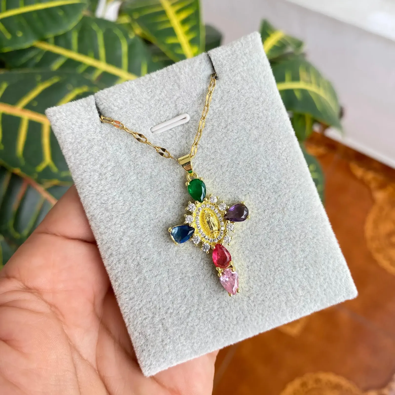 Cadena Y Dije En Acero Con Piedra Circon De Cruz Virgen De Guadalupe Colores 3