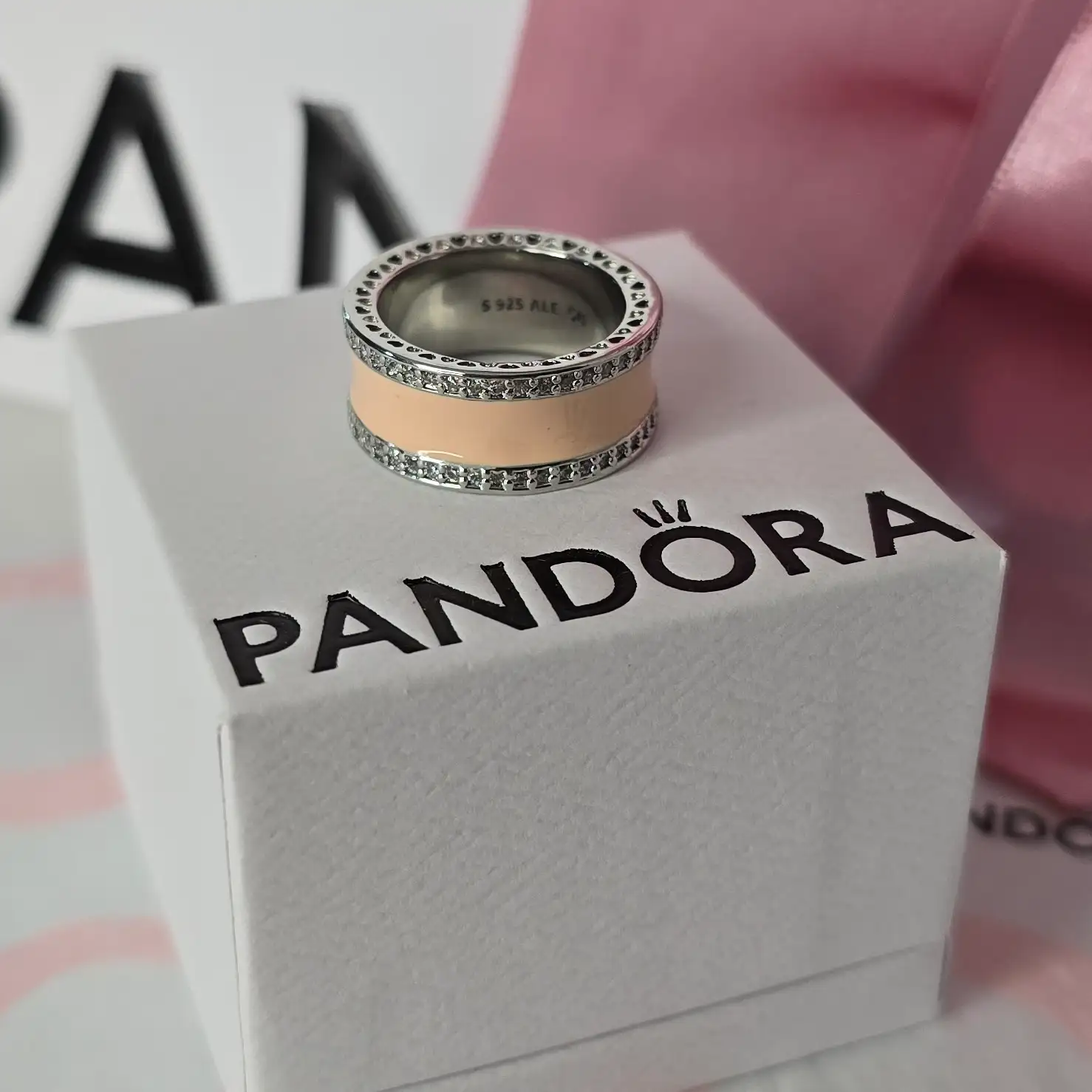 Pandora Radiant Hearts Pink Enamel Band Ring