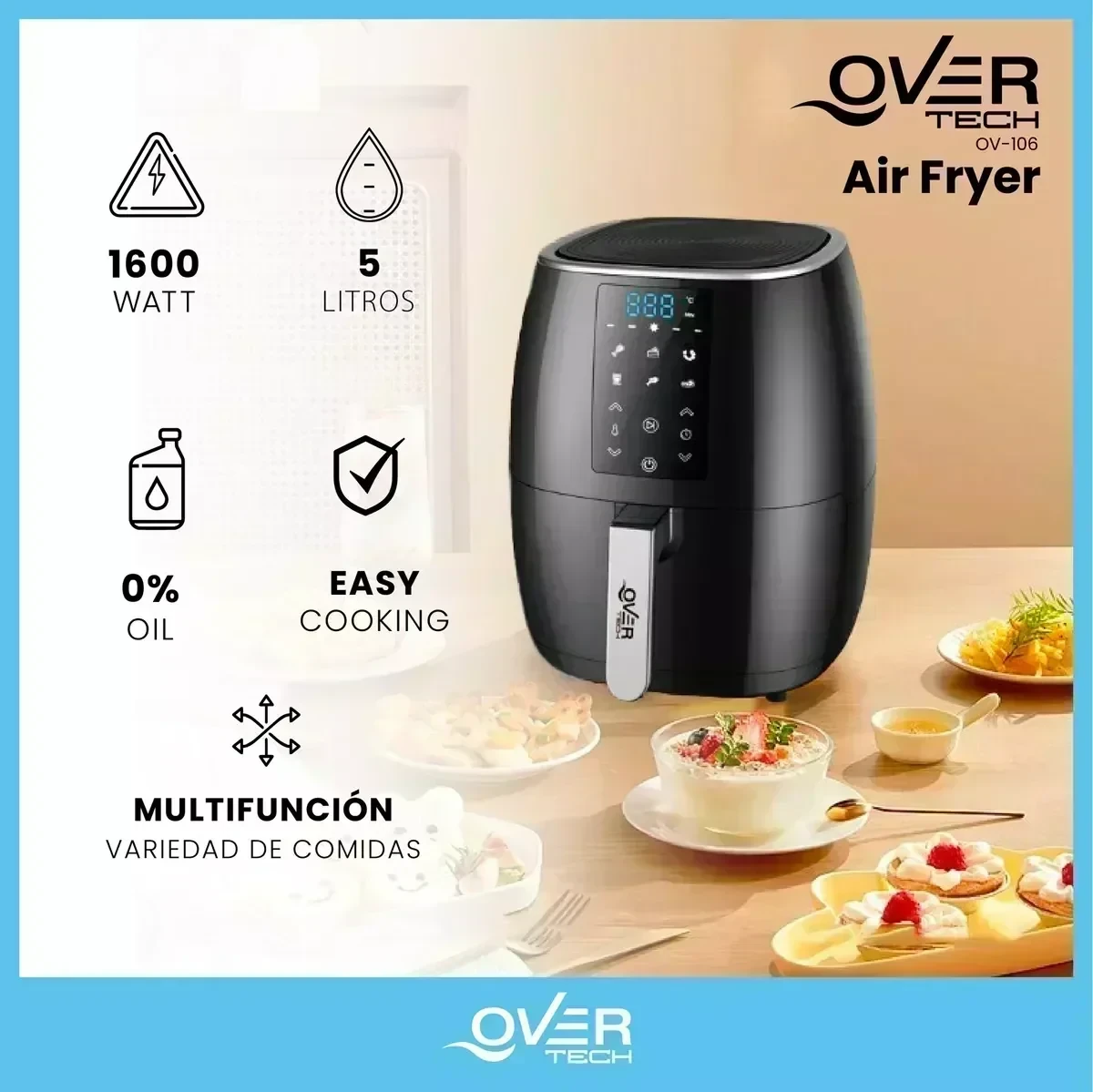Freidora Overtech Electrica Sin Aceite De Aire 1600w 5 Litros Air Fryer, Multifuncion Timer Digital