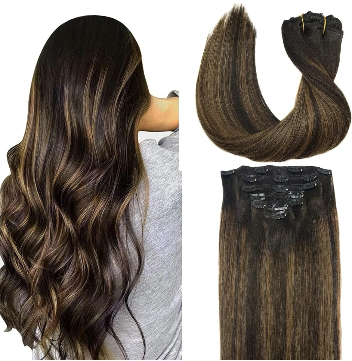 Extensiones de cabello humano natural y real con clip para mujer, extensiones de cabello Remy, 18 pulgadas, 4.23 onzas (120 g), 7 unidades, balayage castaño oscuro a café castaño 2/6/2