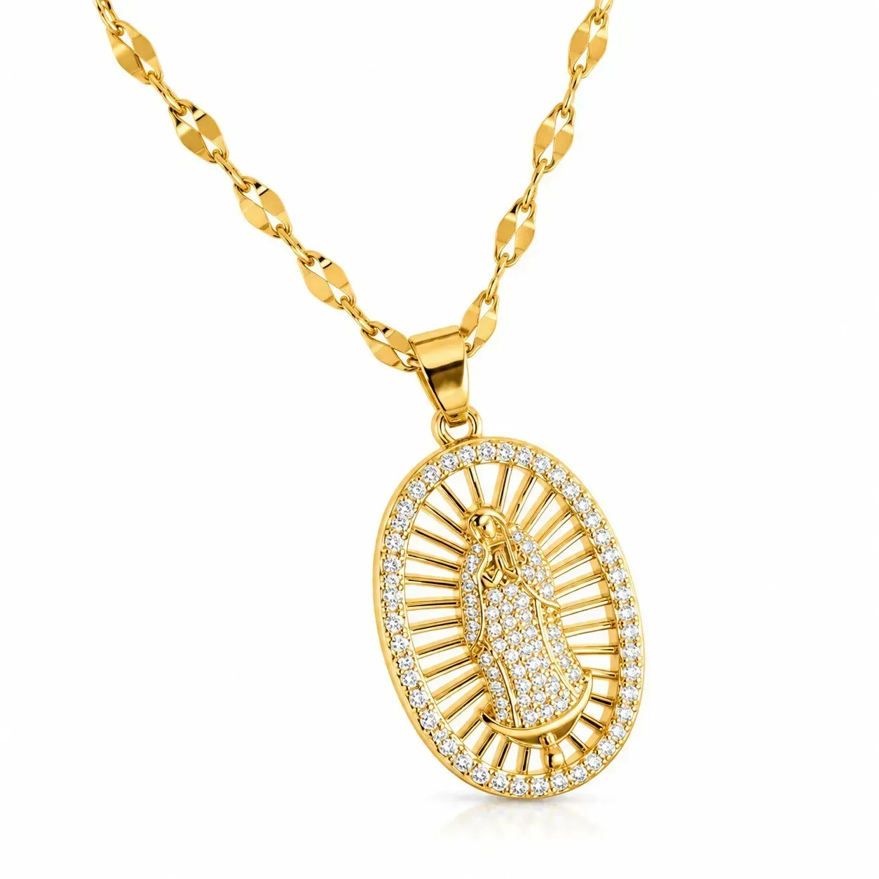 Cadena Y Dije En Acero Con Piedra Circon De Virgen De Guadalupe Blanca