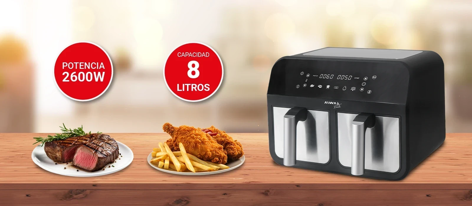 freidora de aire digital  Aiwa aw-fa244  8l 4+4 2600w negro 2