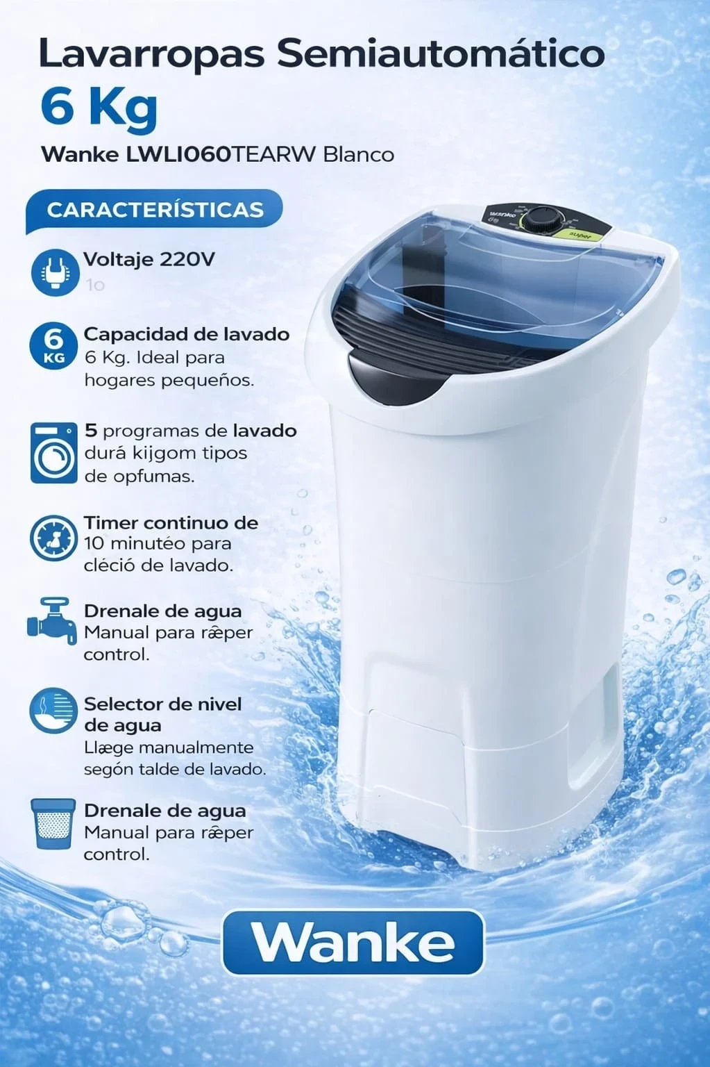 Lavarropas Semiautomático 6 kg Wanke LWLI060TEARW Blanco