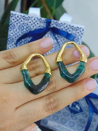 MAXI ARETE RODIO DOR CONTORNO CIRCULO ASIMETRICO NACAR VERDE 