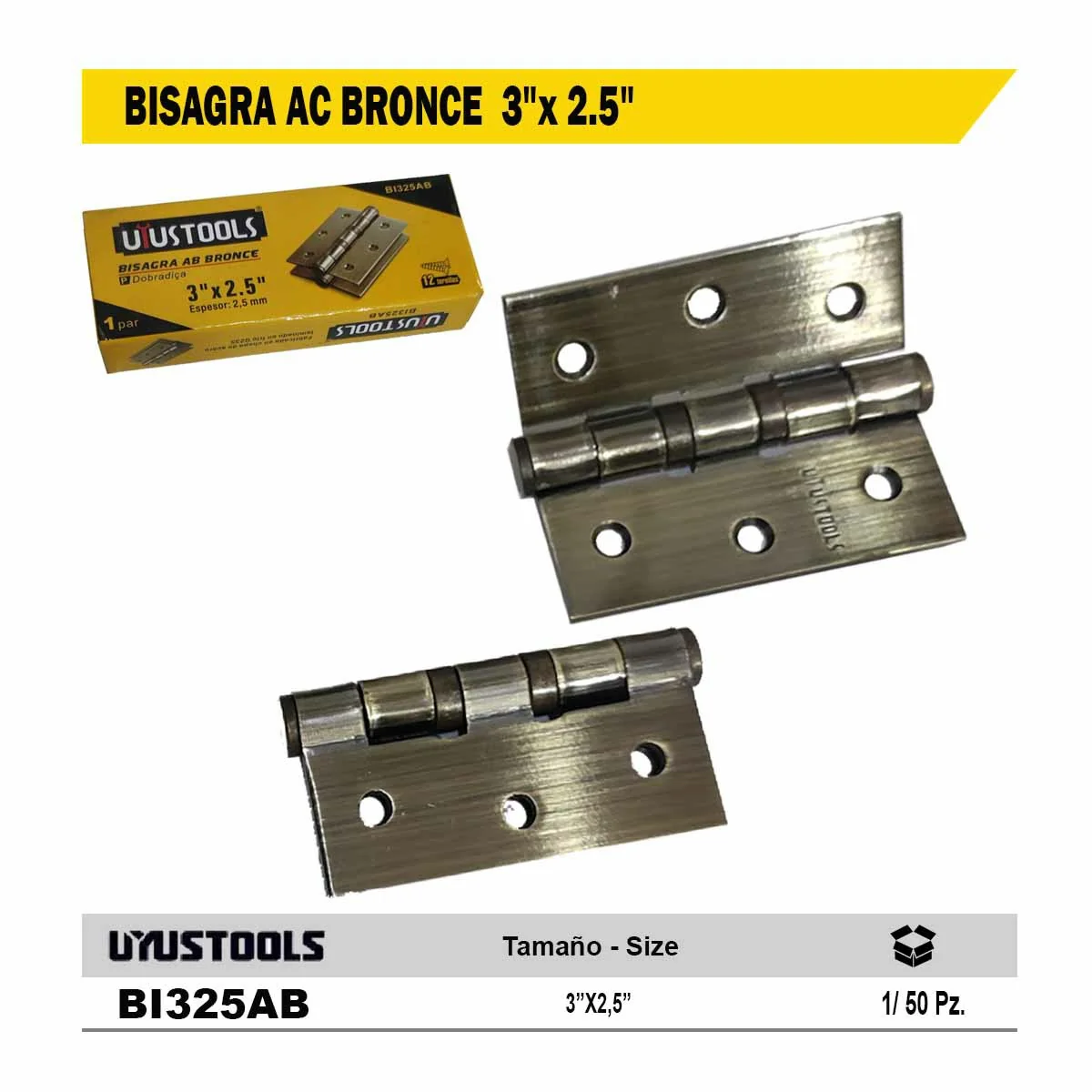 BISAGRA AC BRONCE UYUST 3"x 2.5"  (Paq/2pzs) 