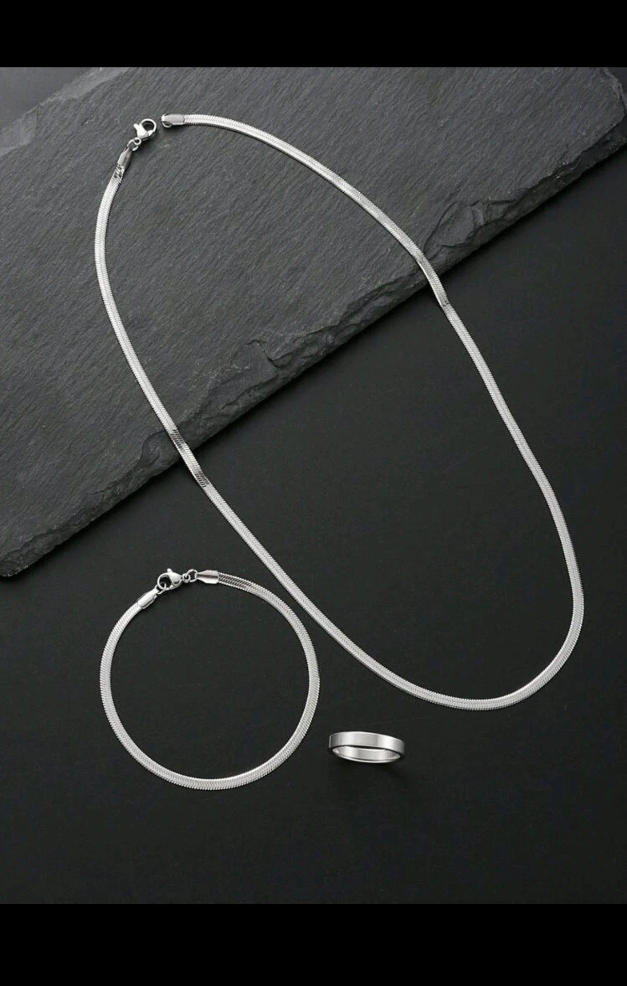 Set Minimalista de Acero Inoxidable - Cadena Plana, Pulsera Snake y Anillo Liso Unisex 6