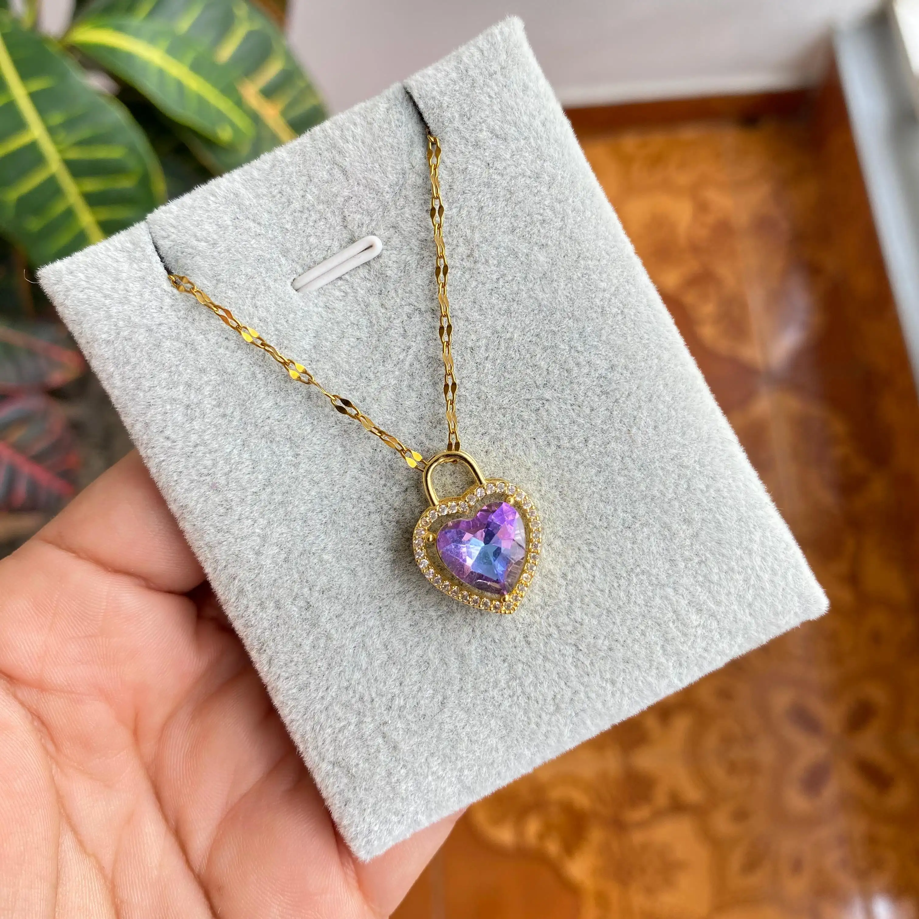 Cadena Y Dije En Acero Con Piedra Circon De Corazon Lila 3