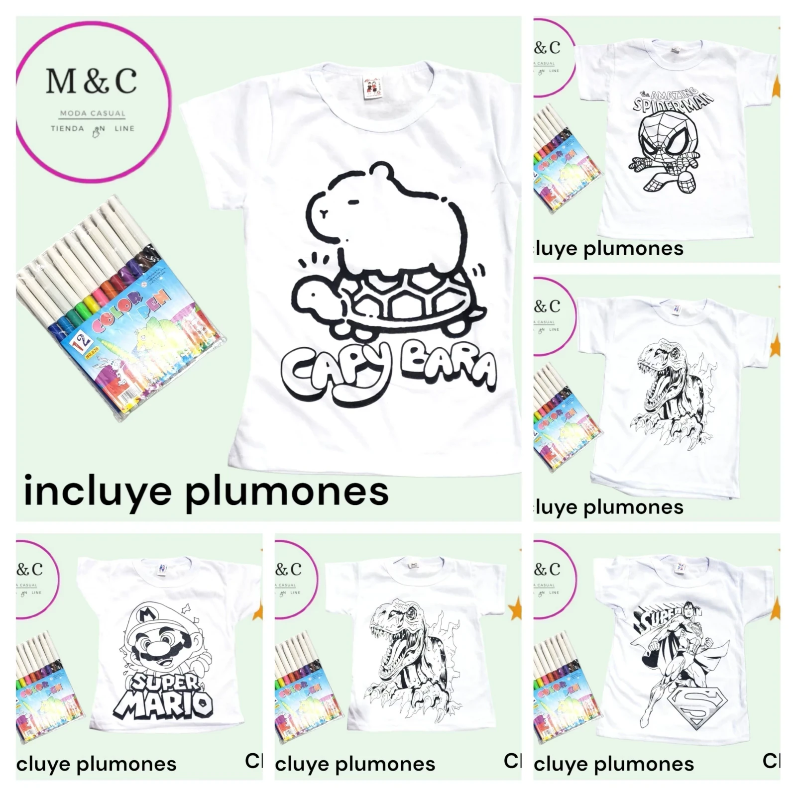 Playera T-G con plumones para colorear