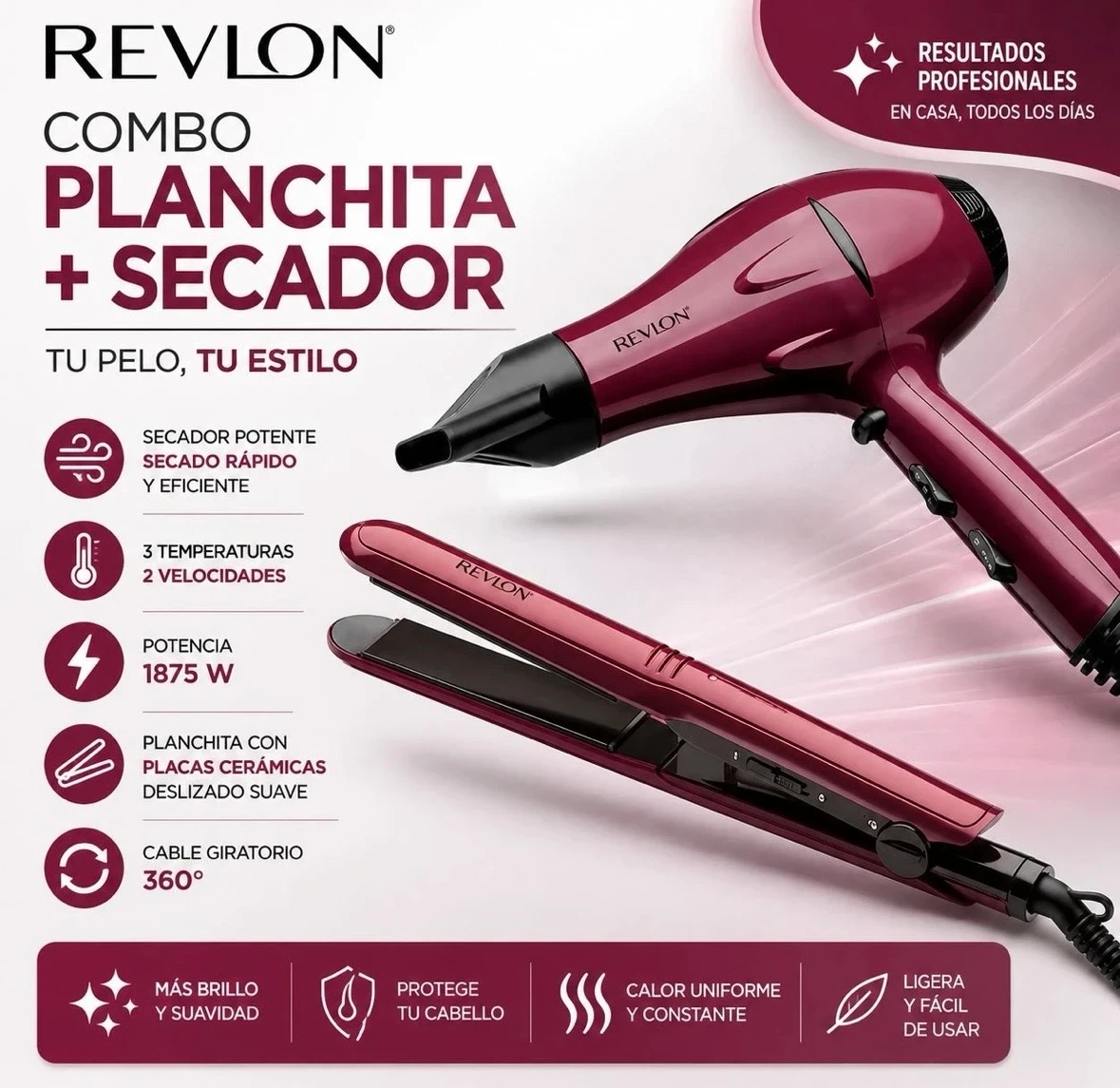 SET PLANCHITA DE PELO Y SECADOR REVLON
