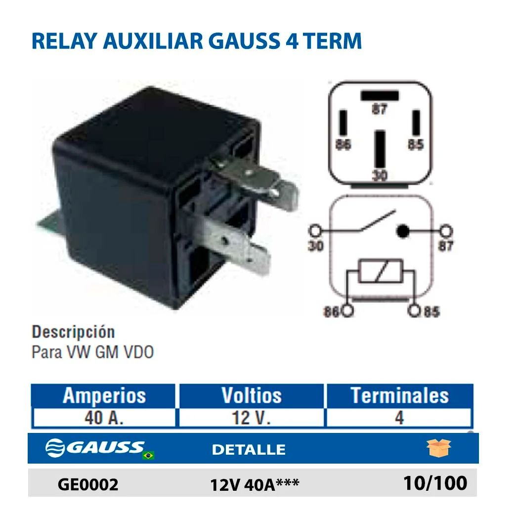 RELAY AUXILIAR GAUSS 4 TERM 12V 40A***