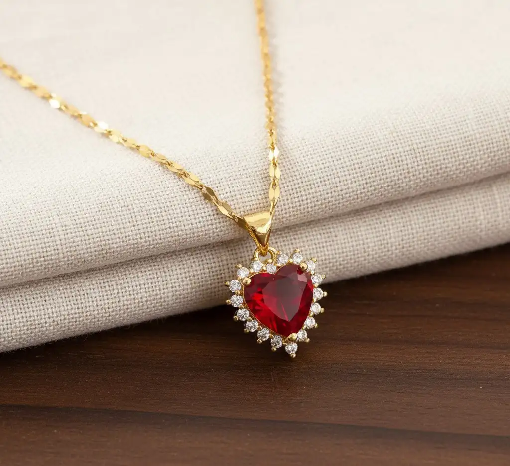 Cadena Y Dije En Acero Con Piedra Circon De Corazon Rojo 4
