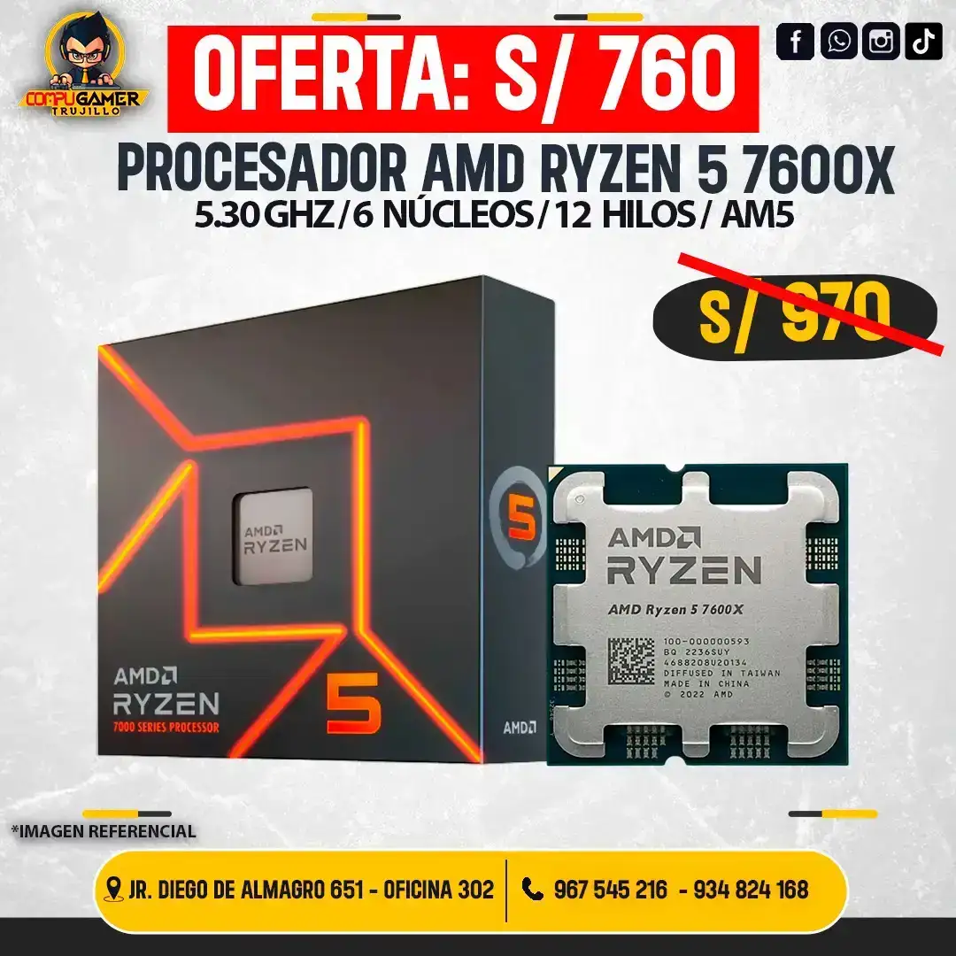 PROCESADOR AMD RYZEN 5 7600X AM5, 5.30GHZ, 6 NÚCLEOS, 12 HILOS