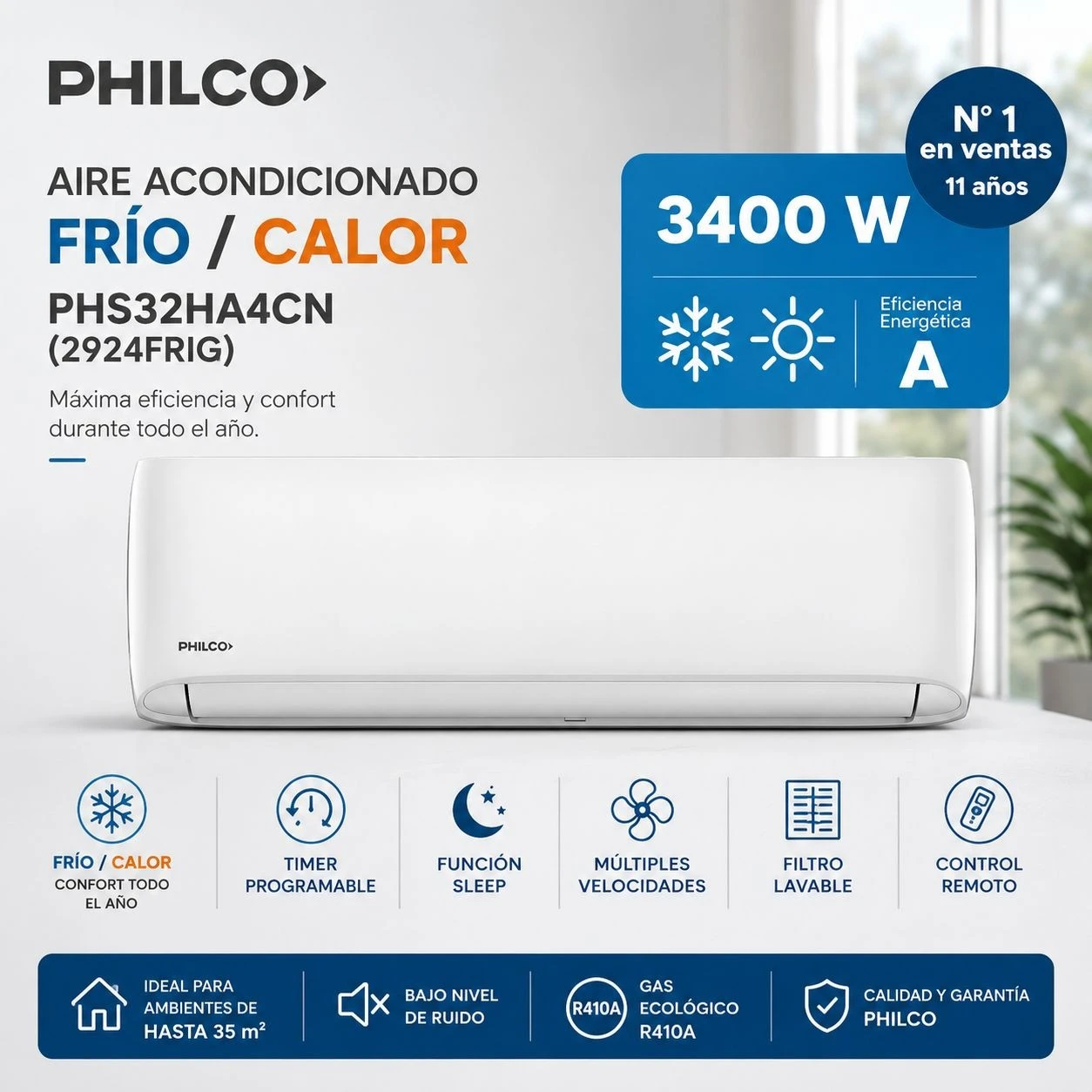 AIRE ACONDICIONADO PHILCO 3400W PHS32HA4CN FRÍO/CALOR*