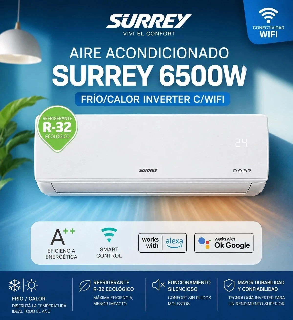 AIRE ACONDICIONADO INVERTER SURREY 6500W FRIO/CALOR WI-FI SURREY 553NIQ22GN81F INV