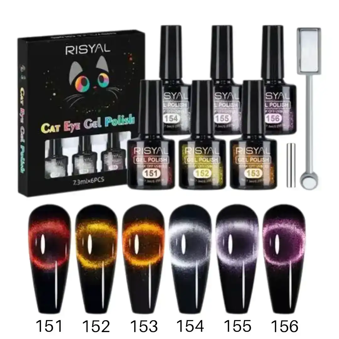 Set 6 Esmaltes en Gel Efecto Ojo de Gato (7.3ml c/u) + Imán para Uñas Risyal