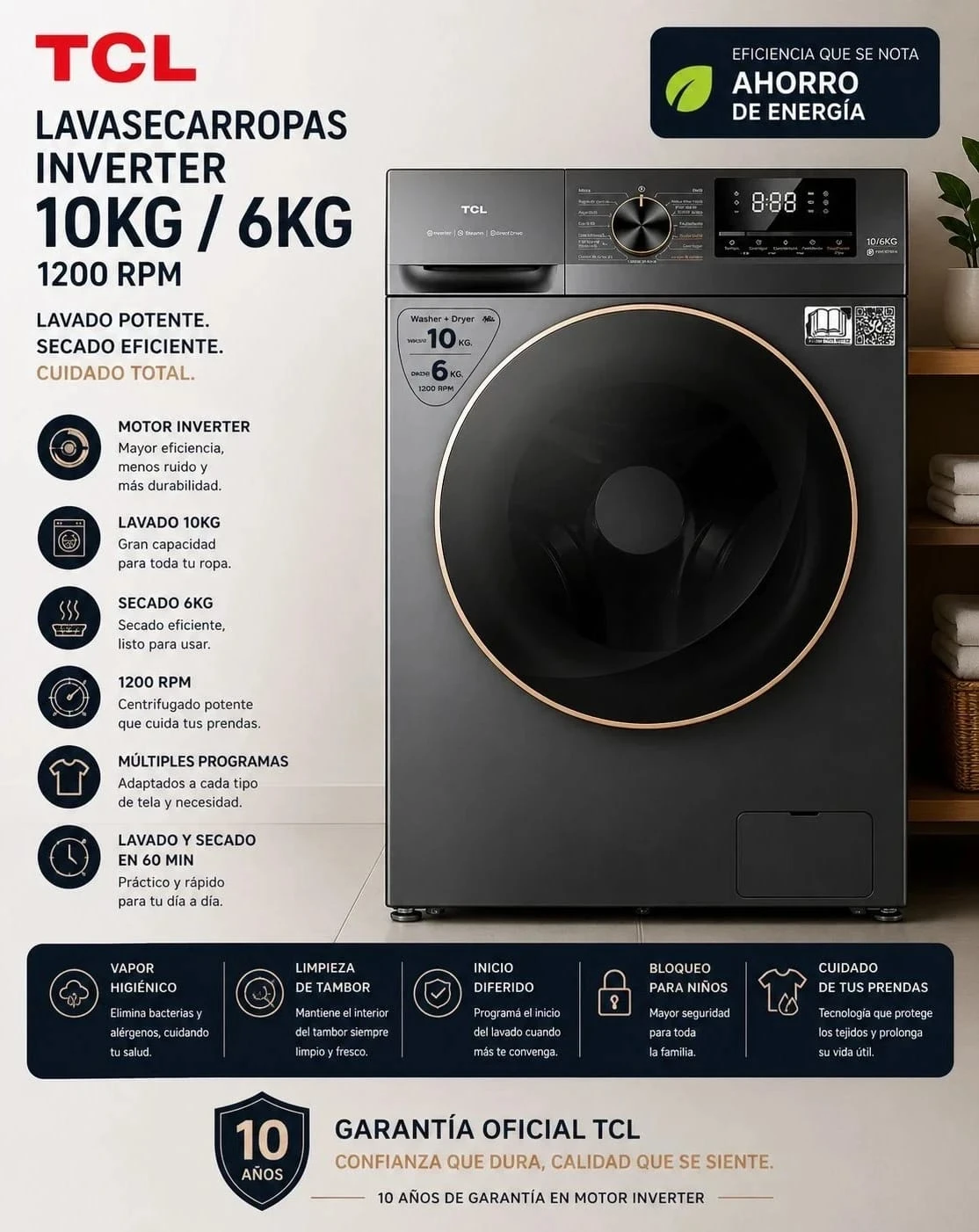 LAVASECARROPAS TCL 10KG/6KG SILVER INVERTER 