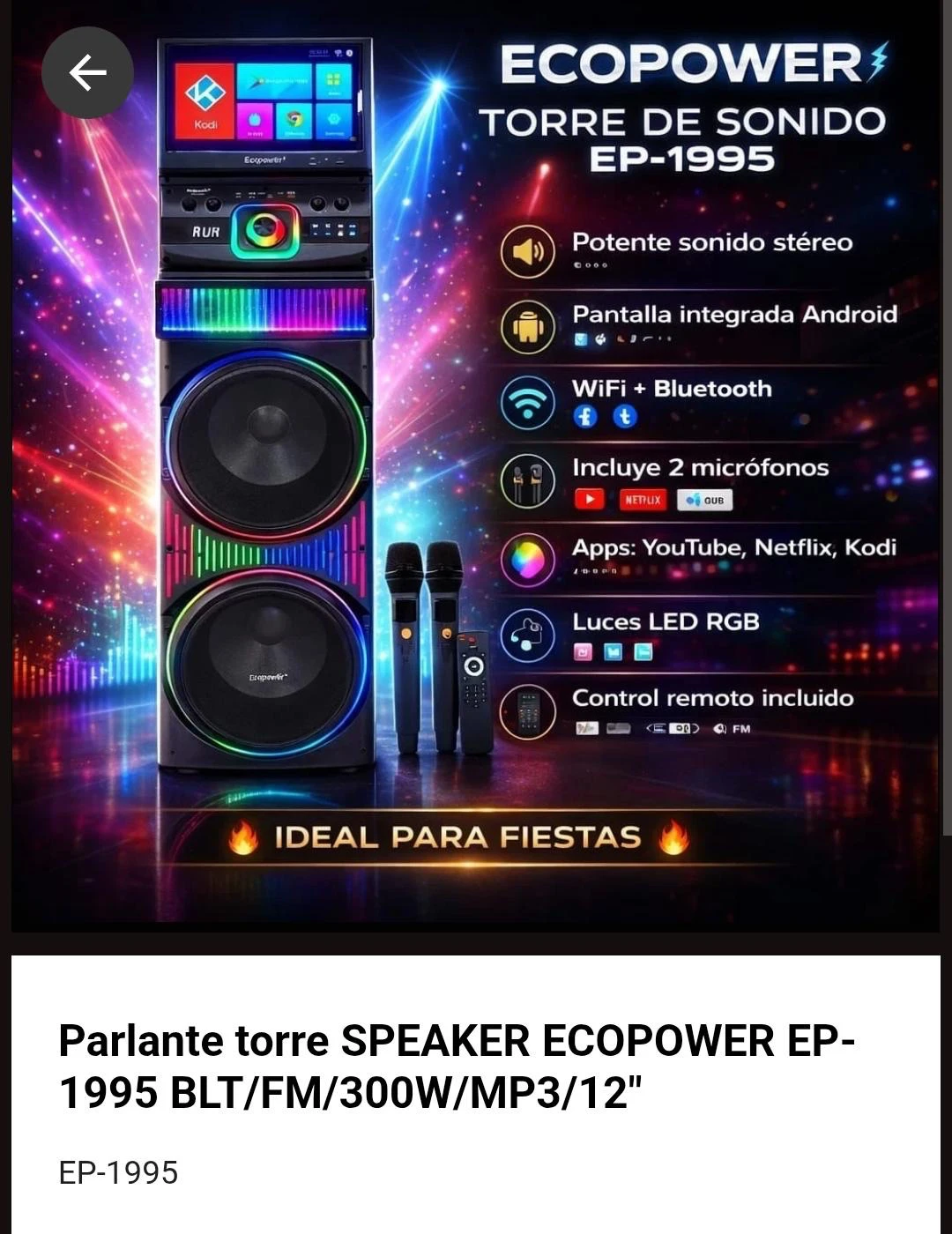 PARLANTE TORRE DE SONIDO ECOPOWER C/PANTALLA ANDROID 