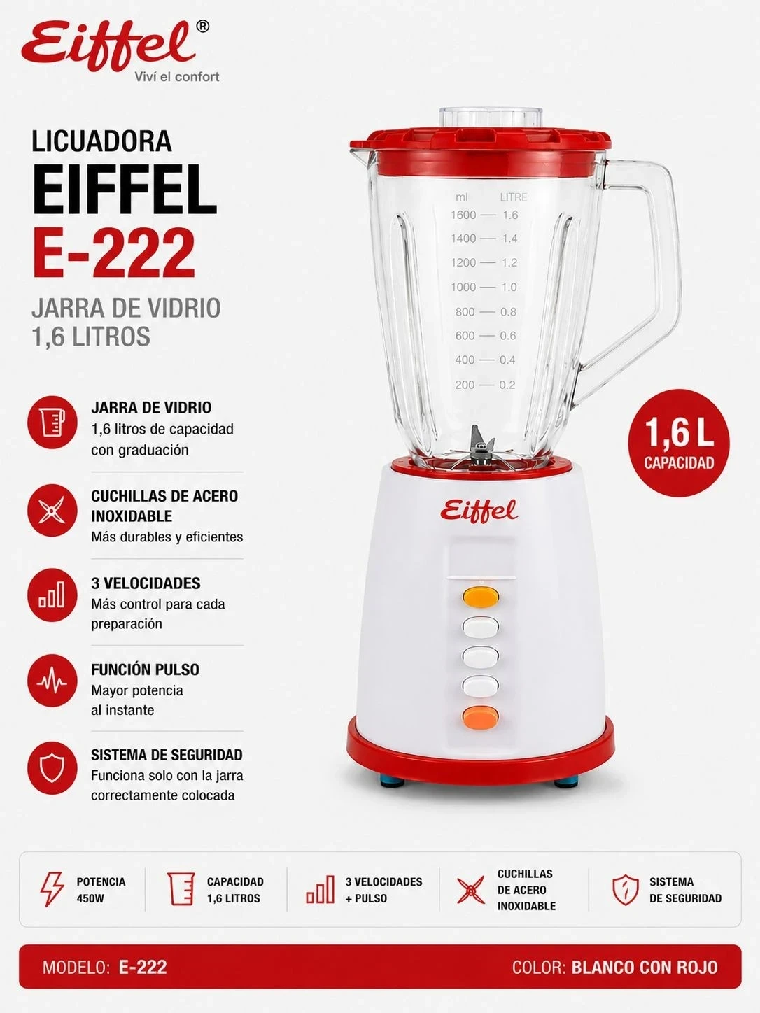 LICUADORA EIFFEL E-222  1,5LTS 500W JARRA VIDRIO*