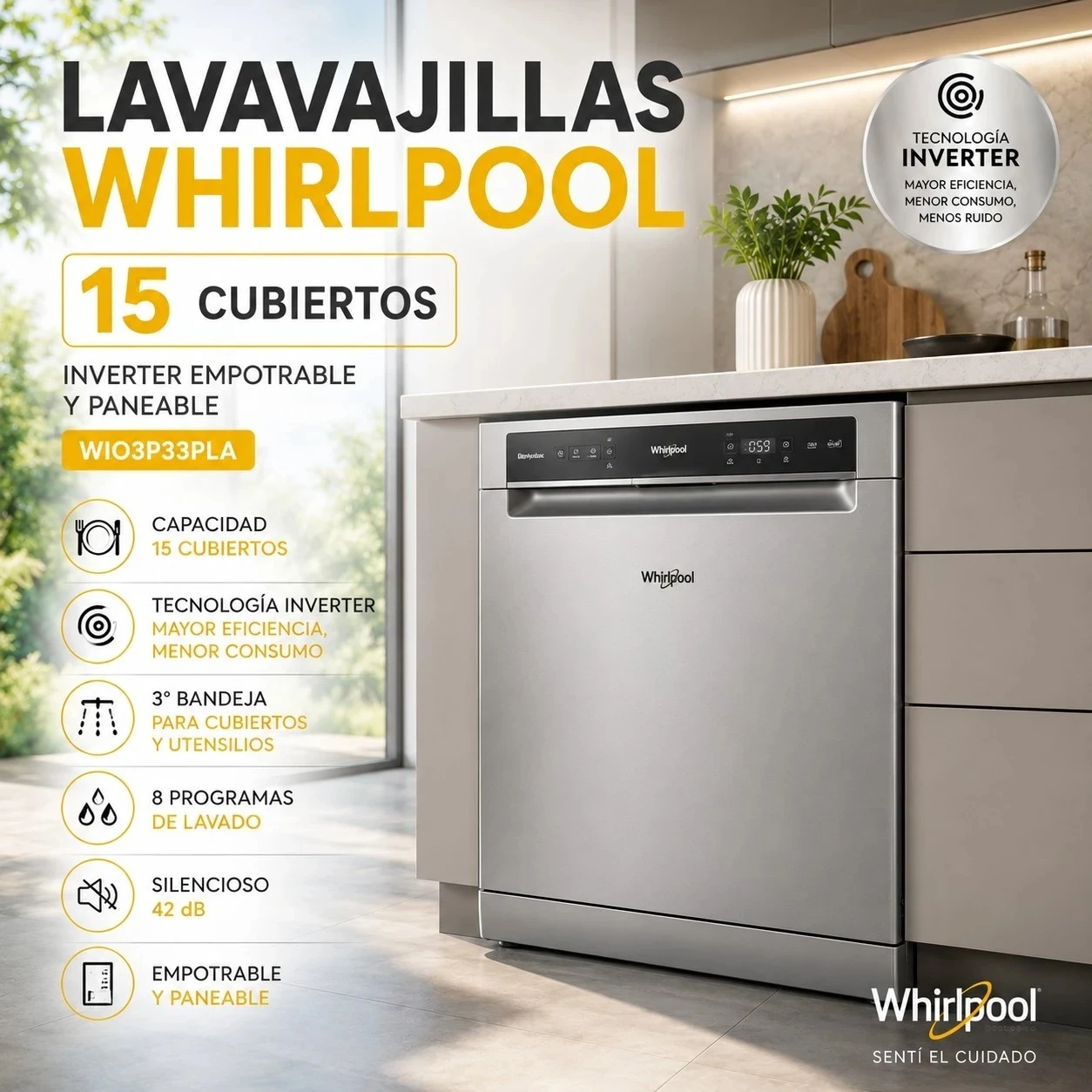 LAVAVAJILLAS 15 CUBIERTOS WHIRLPOOL INVERTER EMPOTRABLE Y PANELABLE WIO3P33PLA