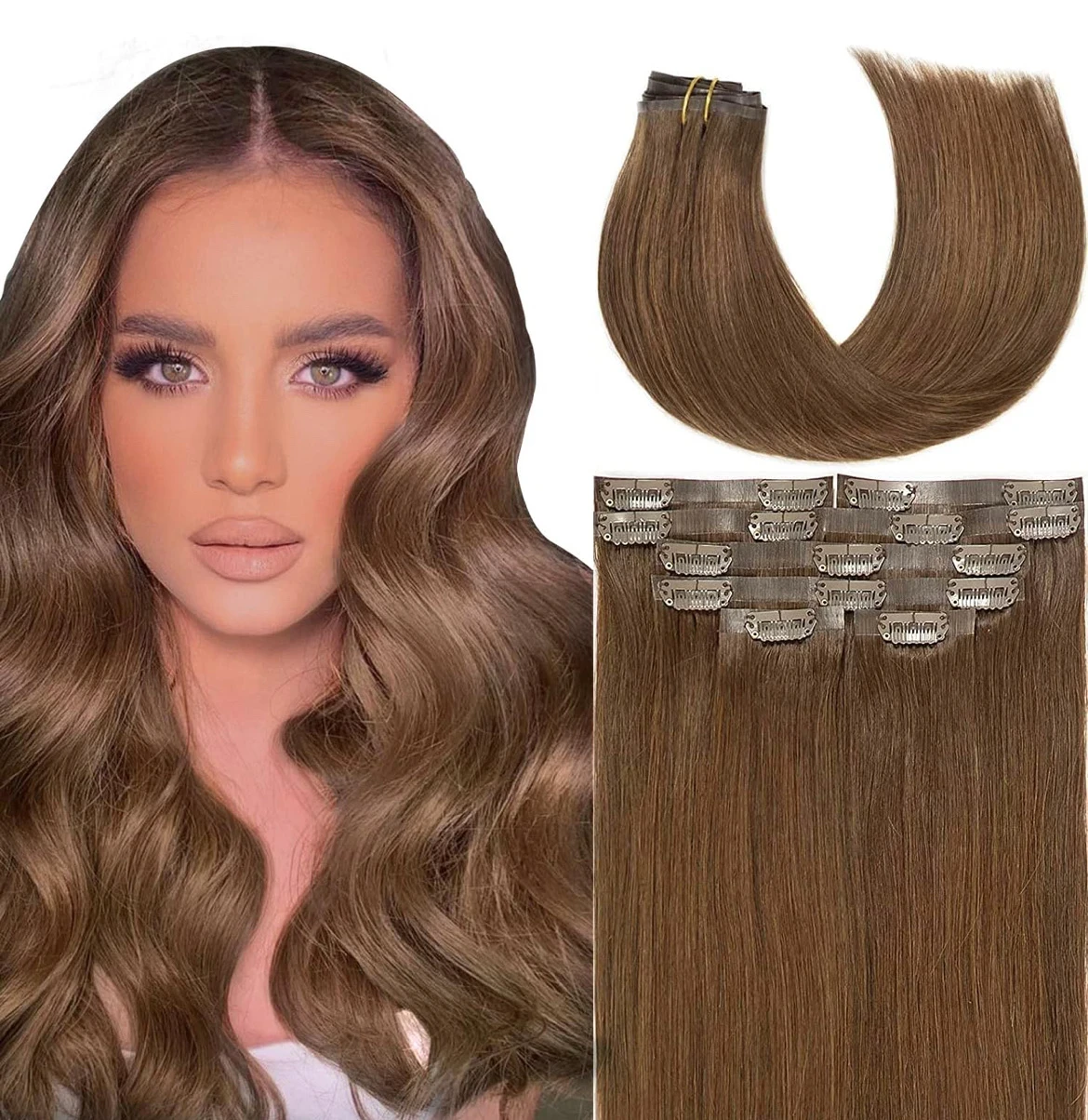 Extensiones de cabello humano virgen con clip, sin costuras, 22 pulgadas ultra delgadas con clip, l7 unidades, 120g color café chocolate 