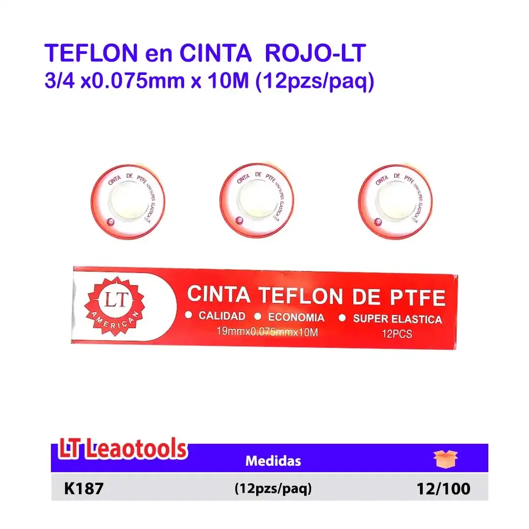 TEFLON en CINTA  ROJO-LT 3/4 x0.075mm x 10M (12pzs/paq)