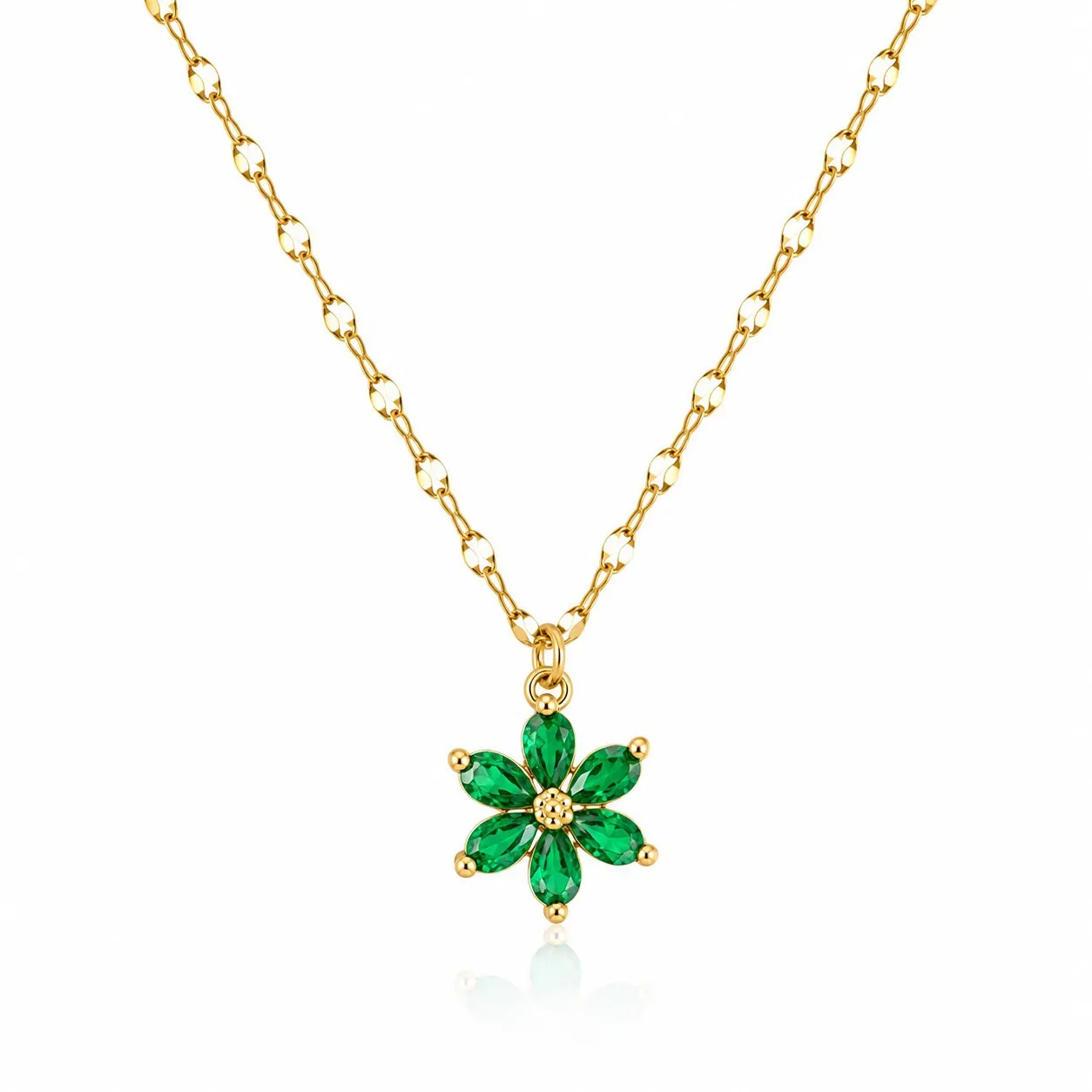 Cadena Y Dije En Acero Con Piedra Circon De Flor Verde Pequeña 