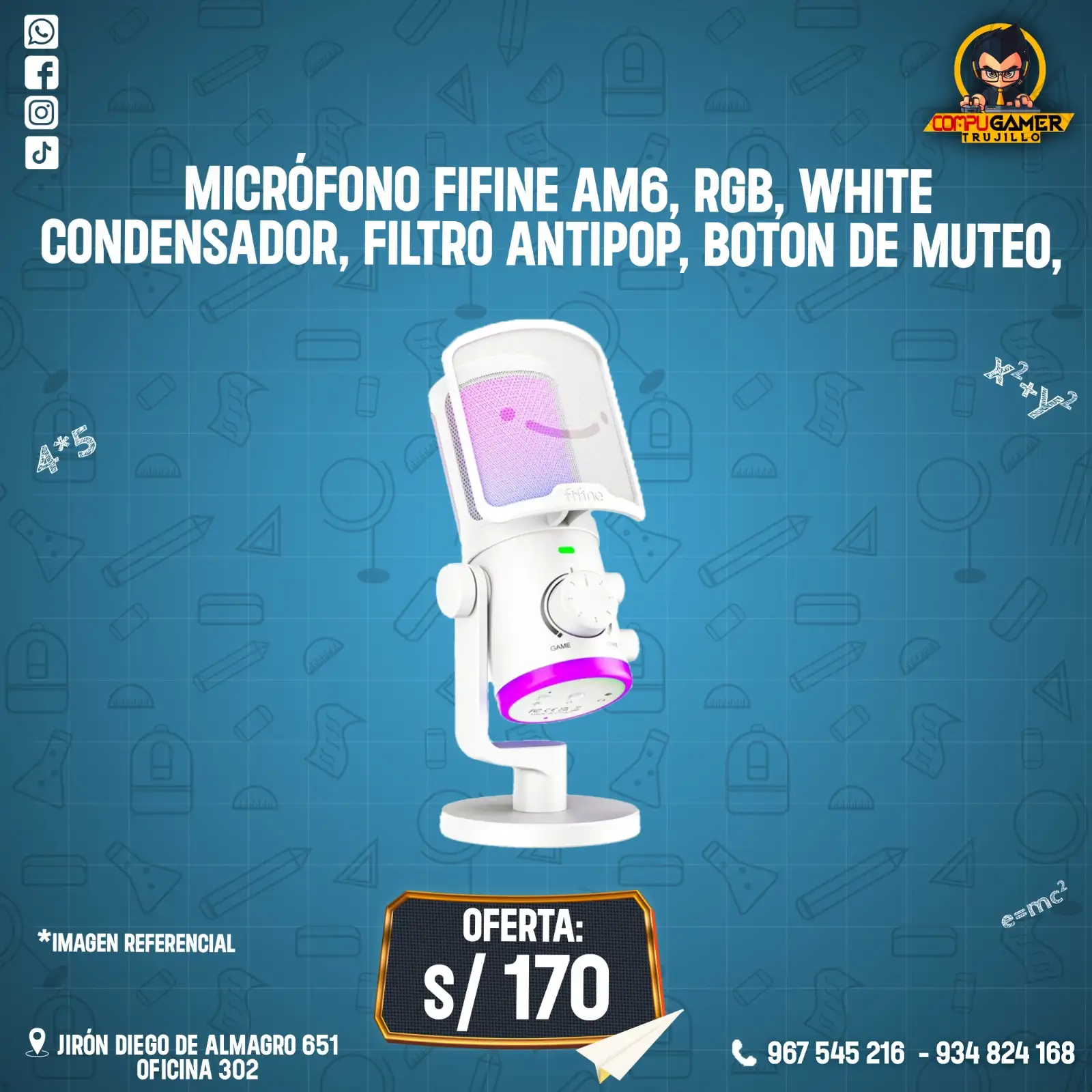 MICROFONO FIFINE AM6, CONDENSADOR, FILTRO ANTIPOP, BOTON DE MUTEO, RGB, WHITE