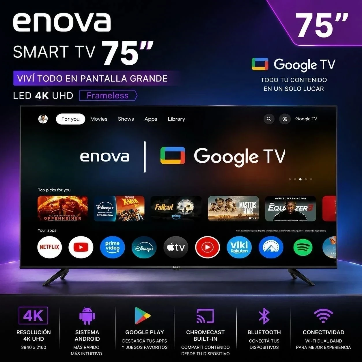 SMART TV ENOVA 75” C/GOOGLE TV TE75UH10