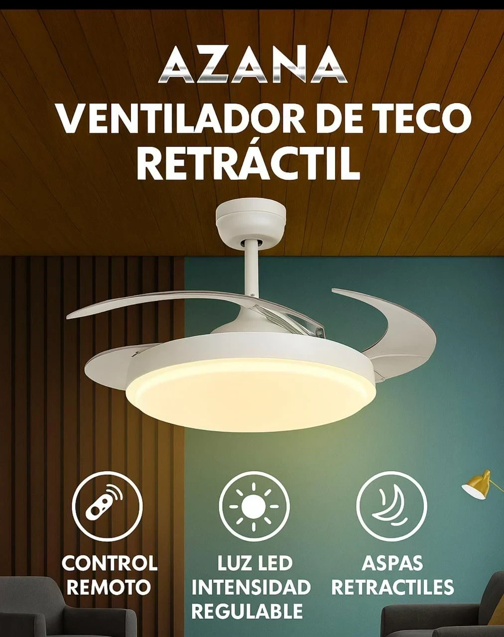 VENTILADOR DE TECHO AZANA RETRACTIL CON LUZ